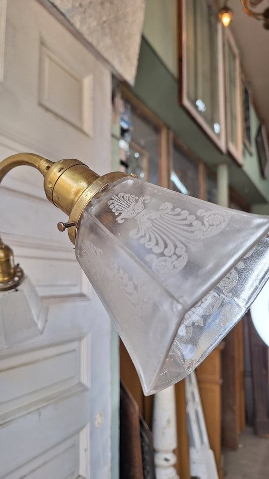 Early Electric Antique Chandelier with Etched Glass Shades, Etched Cut Glass, Vintage Brass Chandelier Light 082602