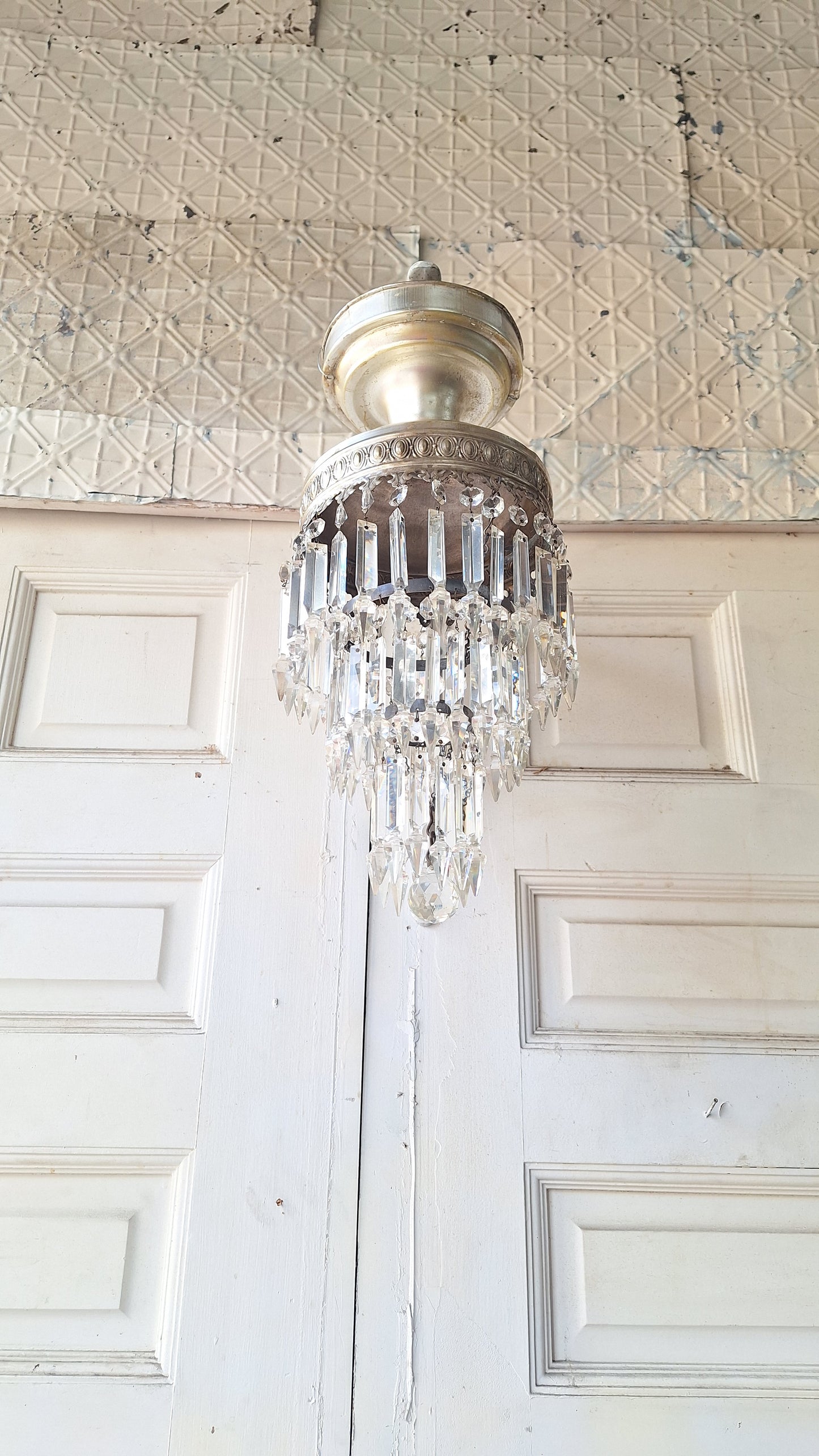 Vintage Silver Crystal Chandelier, Cut Glass Flush Mount Light, Small Chandelier, Draped Crystal Light