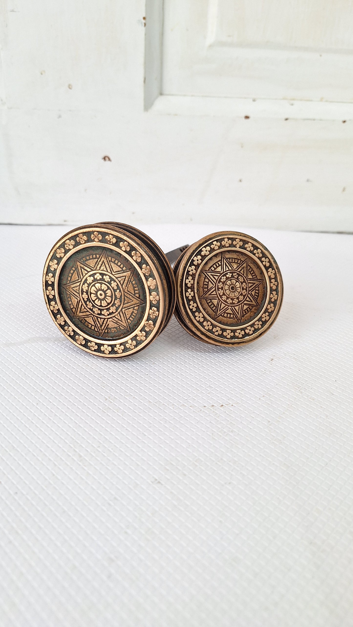 Gothic Pattern Corbin Doorknob Set, Entry and Passage Size, Drum Style Knob, Solid Brass Doorknob, Eastlake Bronze, Compass Rose 082904