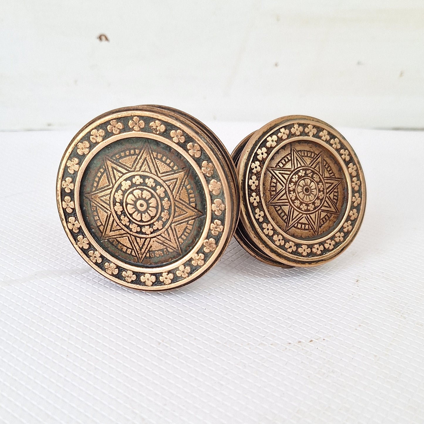 Gothic Pattern Corbin Doorknob Set, Entry and Passage Size, Drum Style Knob, Solid Brass Doorknob, Eastlake Bronze, Compass Rose 082904