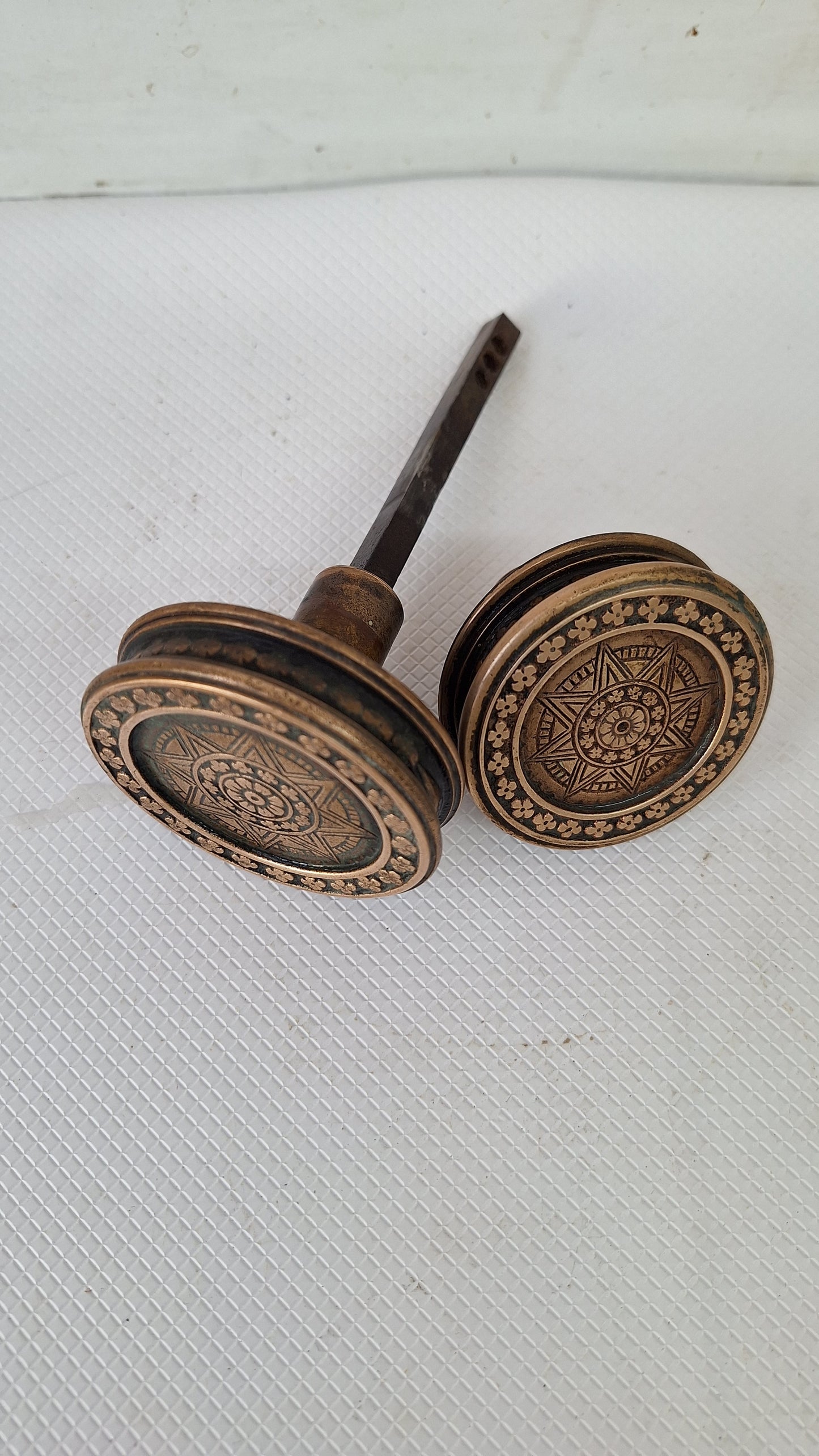 Gothic Pattern Corbin Doorknob Set, Entry and Passage Size, Drum Style Knob, Solid Brass Doorknob, Eastlake Bronze, Compass Rose 082904