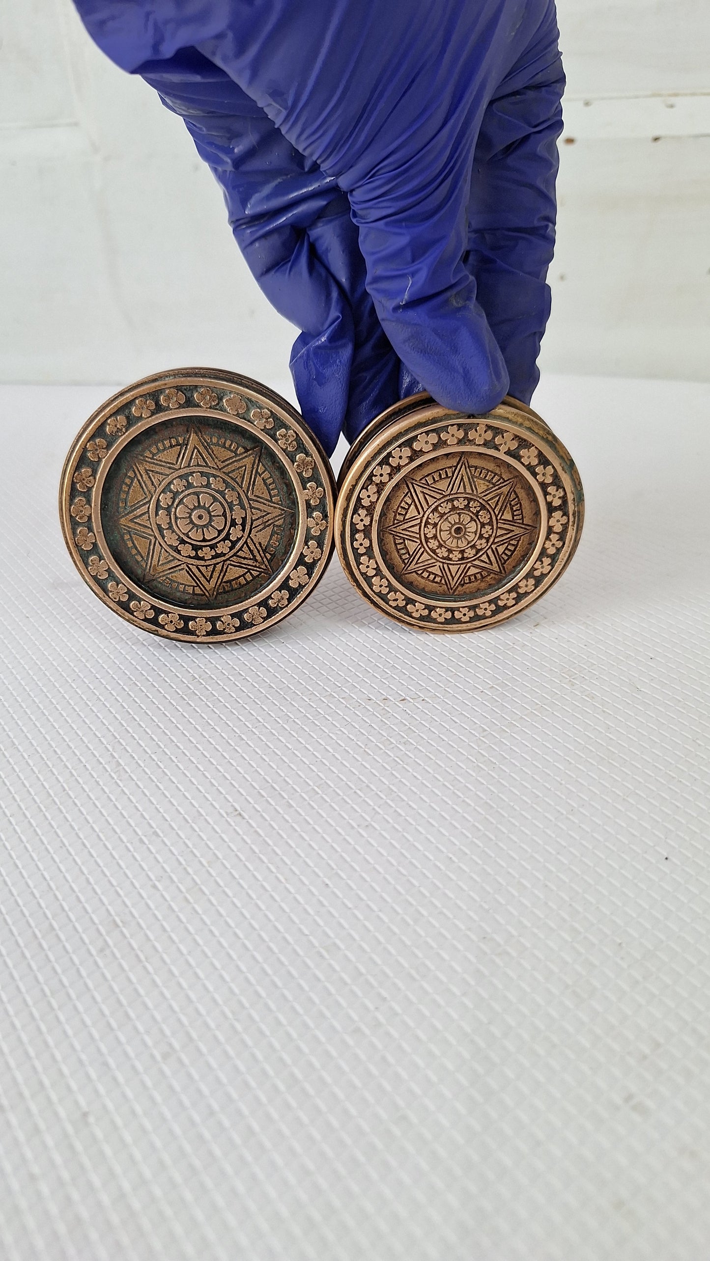 Gothic Pattern Corbin Doorknob Set, Entry and Passage Size, Drum Style Knob, Solid Brass Doorknob, Eastlake Bronze, Compass Rose 082904