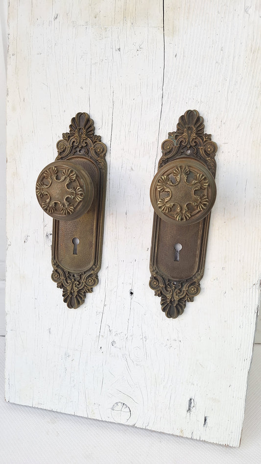 Olympus Doorknobs and Plate Set, Antique Fancy Door Knobs and Backplates, Ornate Bronze Doorknob, Victorian Era, Antique Bronze Knob 082905