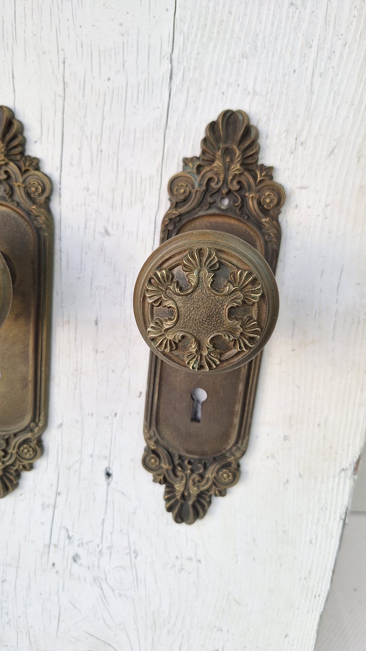 Olympus Doorknobs and Plate Set, Antique Fancy Door Knobs and Backplates, Ornate Bronze Doorknob, Victorian Era, Antique Bronze Knob 082905