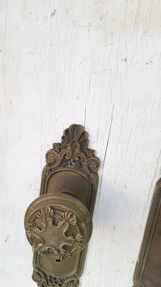 Olympus Doorknobs and Plate Set, Antique Fancy Door Knobs and Backplates, Ornate Bronze Doorknob, Victorian Era, Antique Bronze Knob 082905