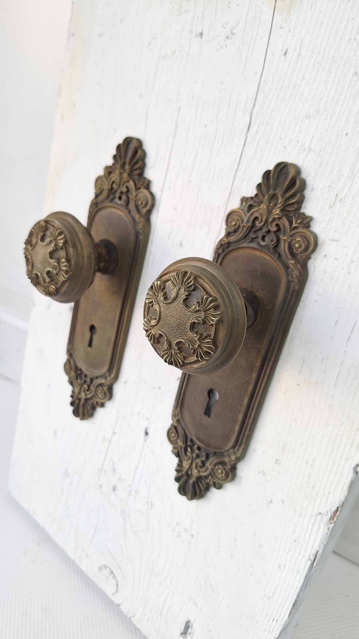 Olympus Doorknobs and Plate Set, Antique Fancy Door Knobs and Backplates, Ornate Bronze Doorknob, Victorian Era, Antique Bronze Knob 082905