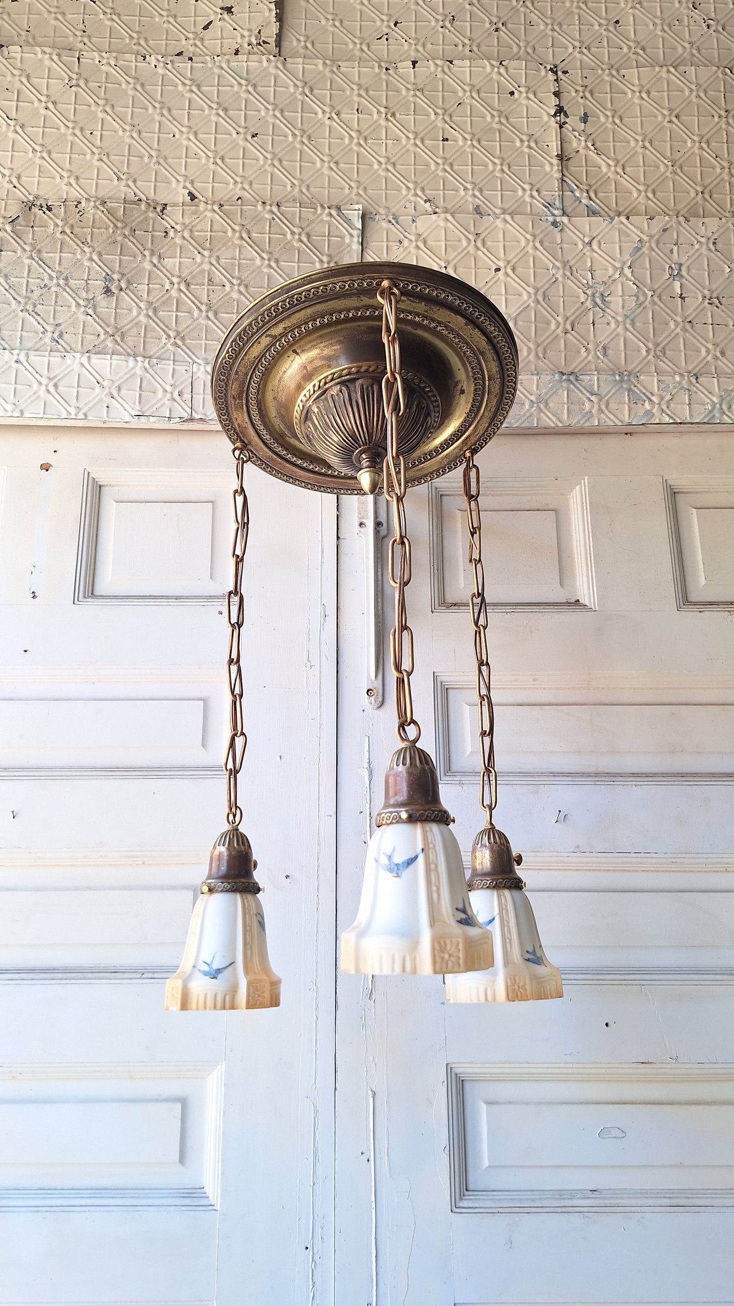 Bluebird Shades Antique Pan Light, Antique Brass Chandelier with Hand Painted Blue Bird Glass Shades