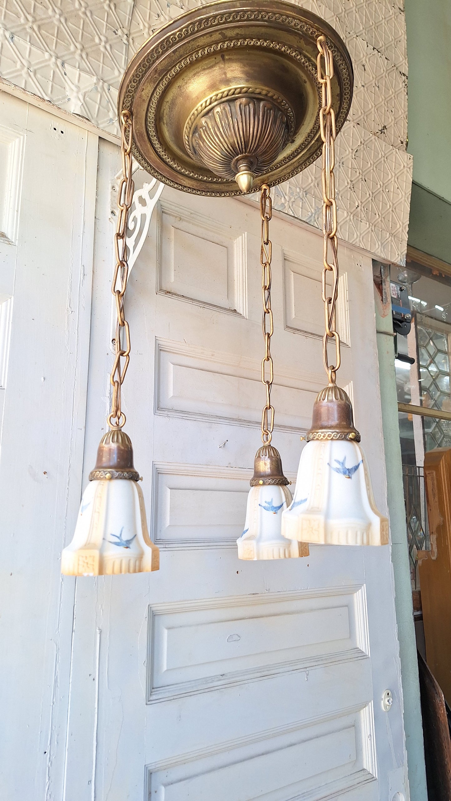 Bluebird Shades Antique Pan Light, Antique Brass Chandelier with Hand Painted Blue Bird Glass Shades