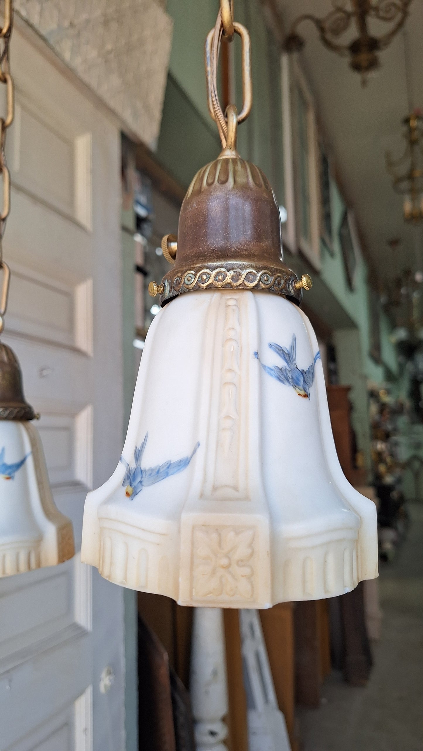 Bluebird Shades Antique Pan Light, Antique Brass Chandelier with Hand Painted Blue Bird Glass Shades