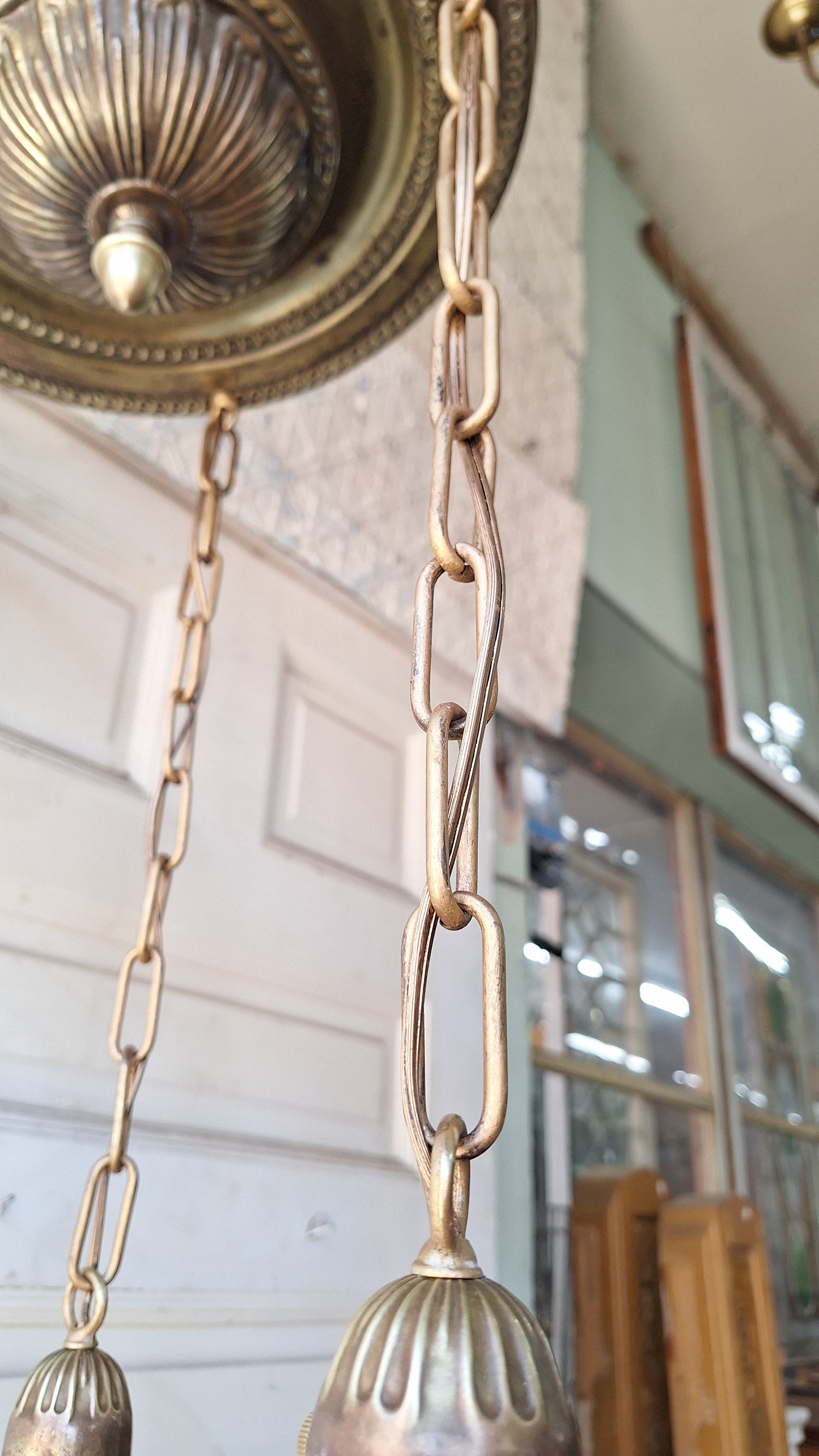 Bluebird Shades Antique Pan Light, Antique Brass Chandelier with Hand Painted Blue Bird Glass Shades