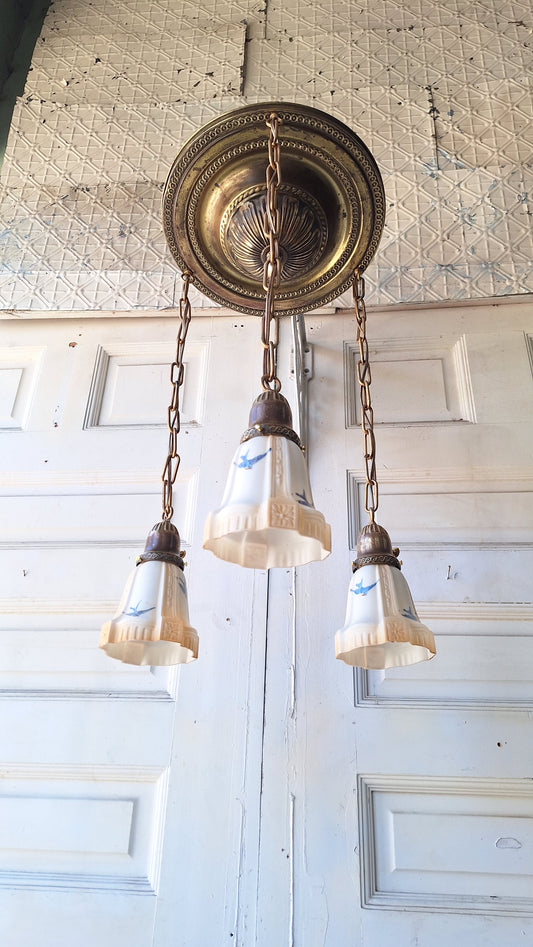 Bluebird Shades Antique Pan Light, Antique Brass Chandelier with Hand Painted Blue Bird Glass Shades