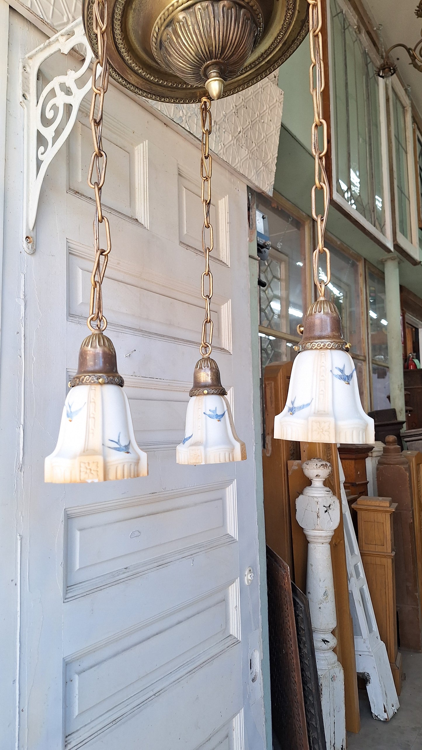 Bluebird Shades Antique Pan Light, Antique Brass Chandelier with Hand Painted Blue Bird Glass Shades