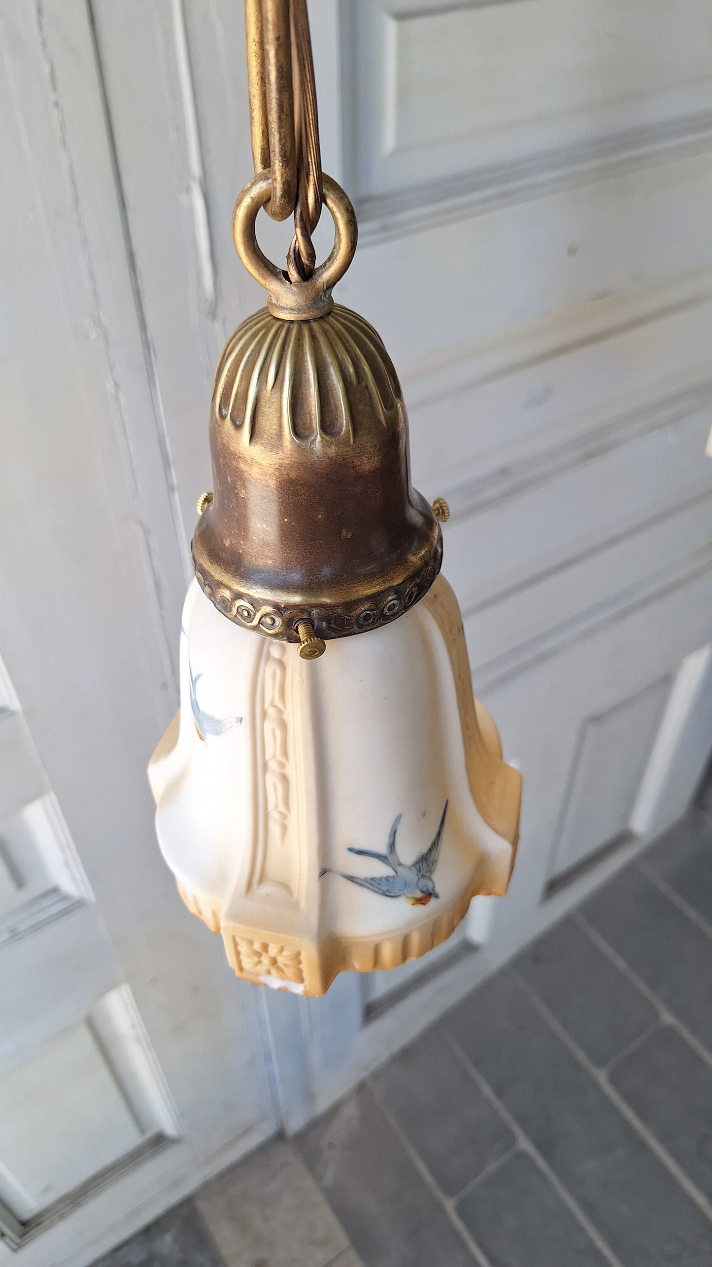 Bluebird Shades Antique Pan Light, Antique Brass Chandelier with Hand Painted Blue Bird Glass Shades