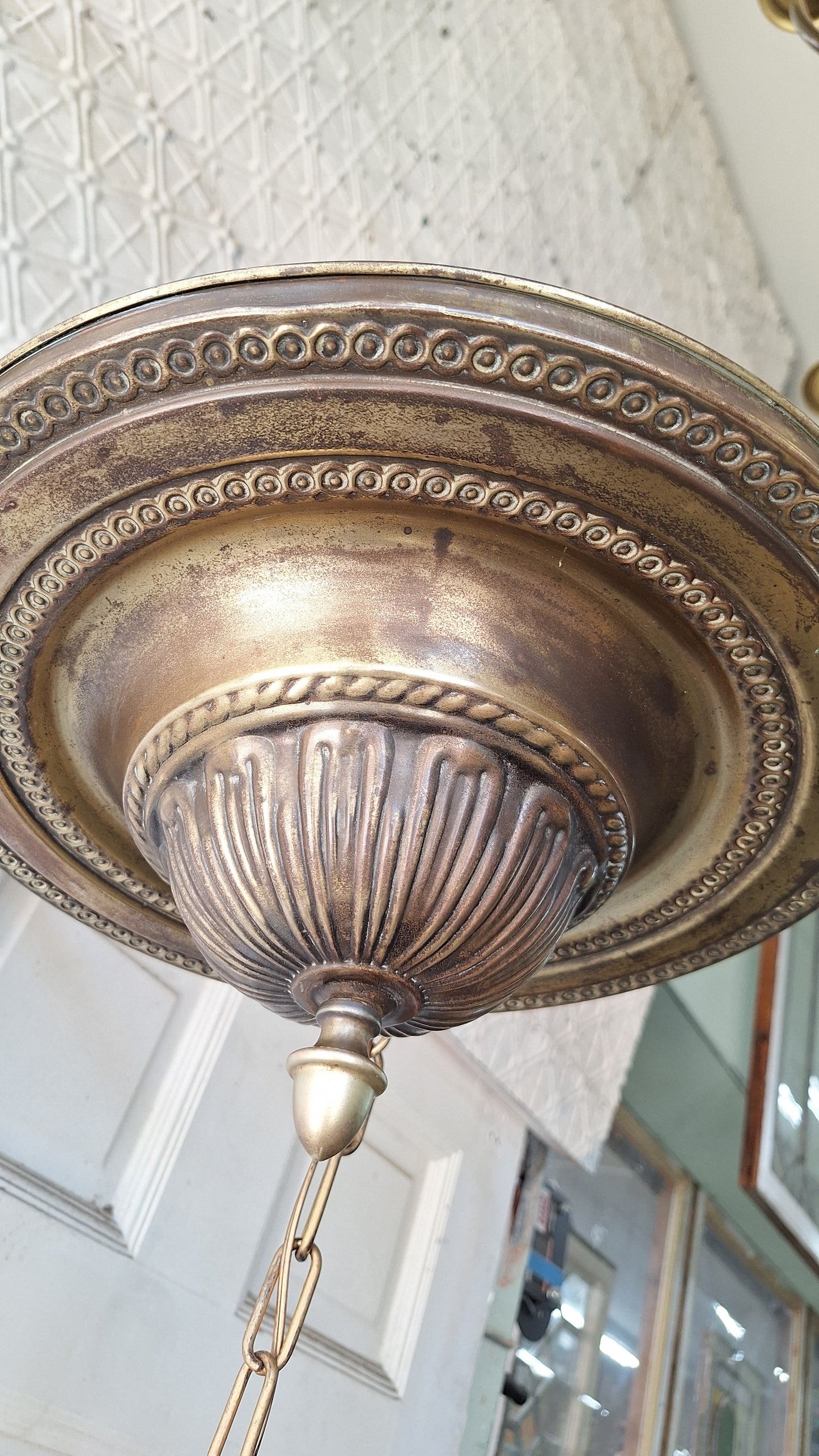 Bluebird Shades Antique Pan Light, Antique Brass Chandelier with Hand Painted Blue Bird Glass Shades
