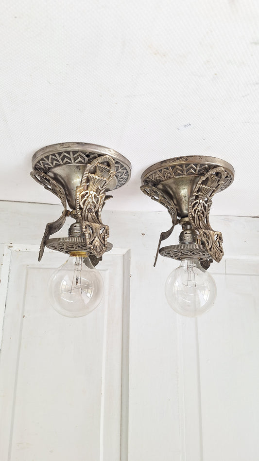 Two Vintage Art Deco Nickel Plated Theater Lights, Silver and Black Antique Small Ceiling Lights
