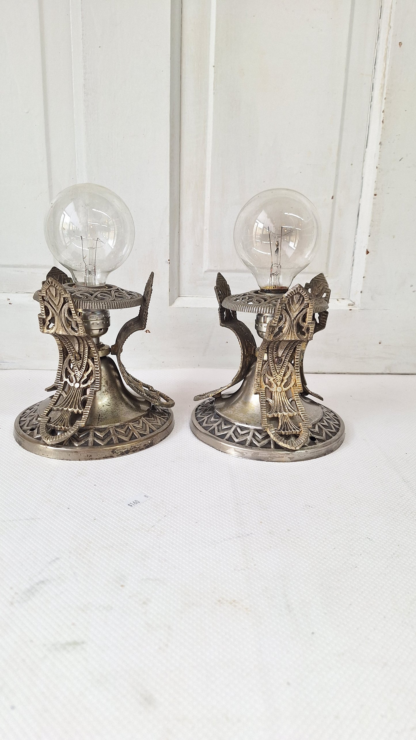 Two Vintage Art Deco Nickel Plated Theater Lights, Silver and Black Antique Small Ceiling Lights