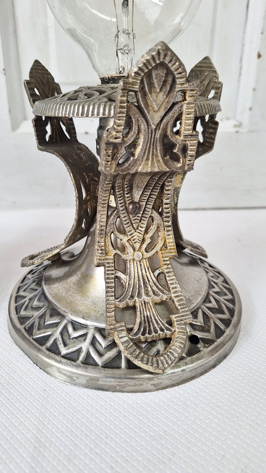 Two Vintage Art Deco Nickel Plated Theater Lights, Silver and Black Antique Small Ceiling Lights
