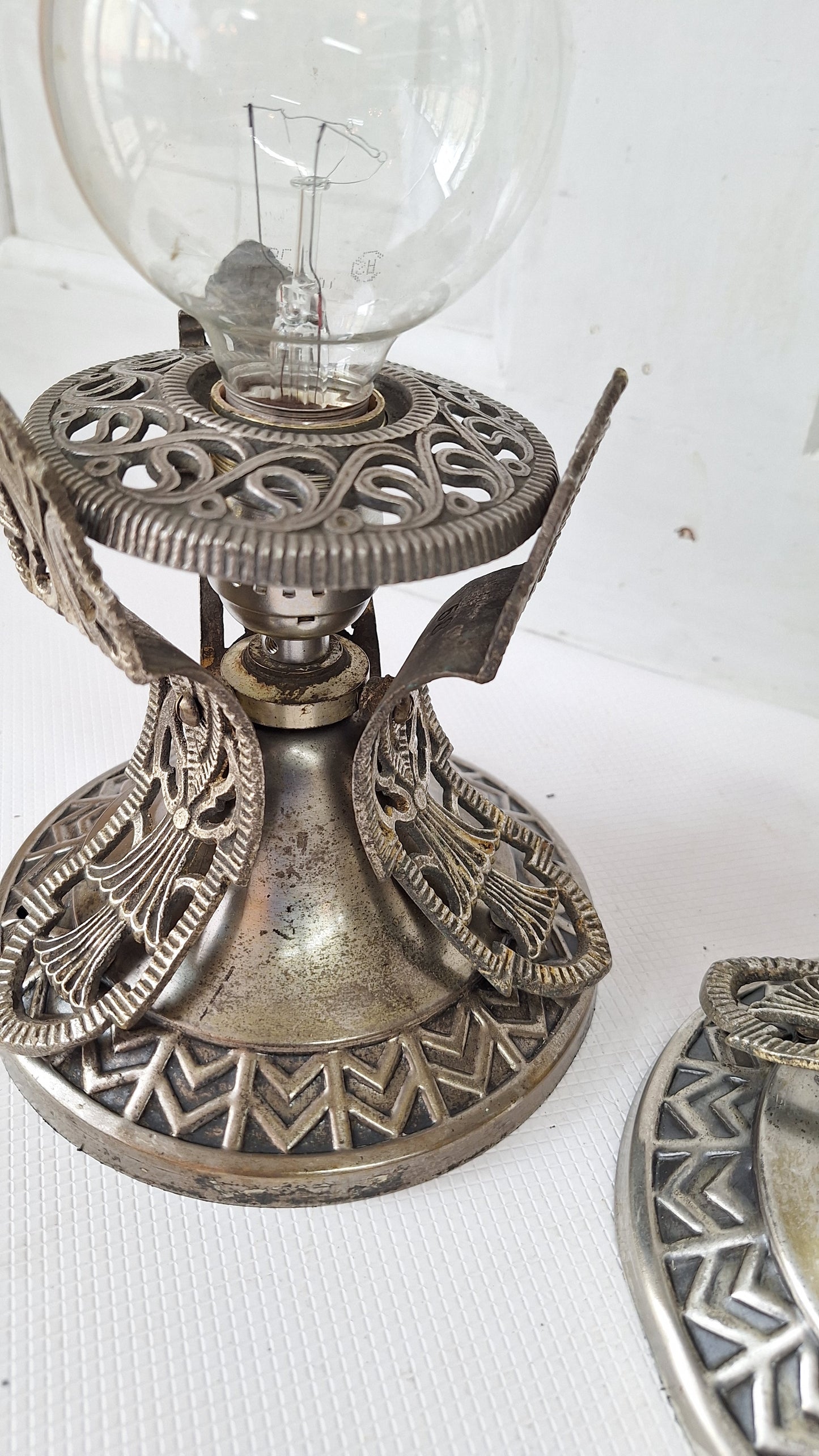 Two Vintage Art Deco Nickel Plated Theater Lights, Silver and Black Antique Small Ceiling Lights