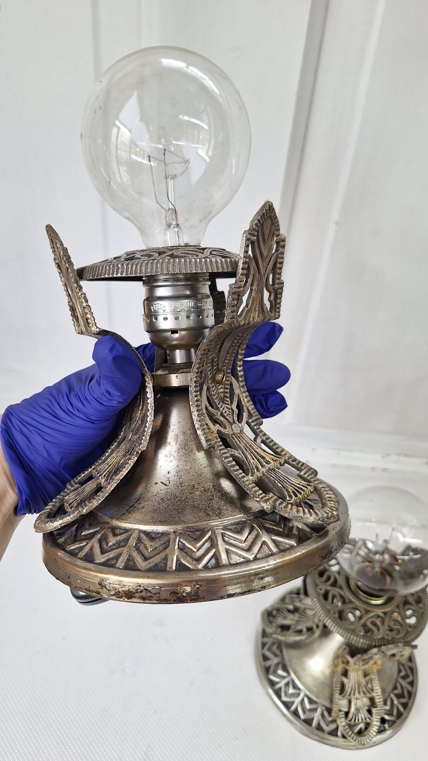 Two Vintage Art Deco Nickel Plated Theater Lights, Silver and Black Antique Small Ceiling Lights