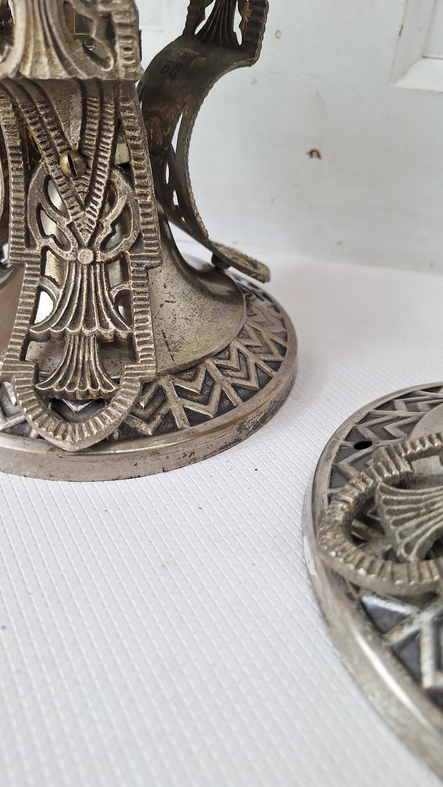 Two Vintage Art Deco Nickel Plated Theater Lights, Silver and Black Antique Small Ceiling Lights