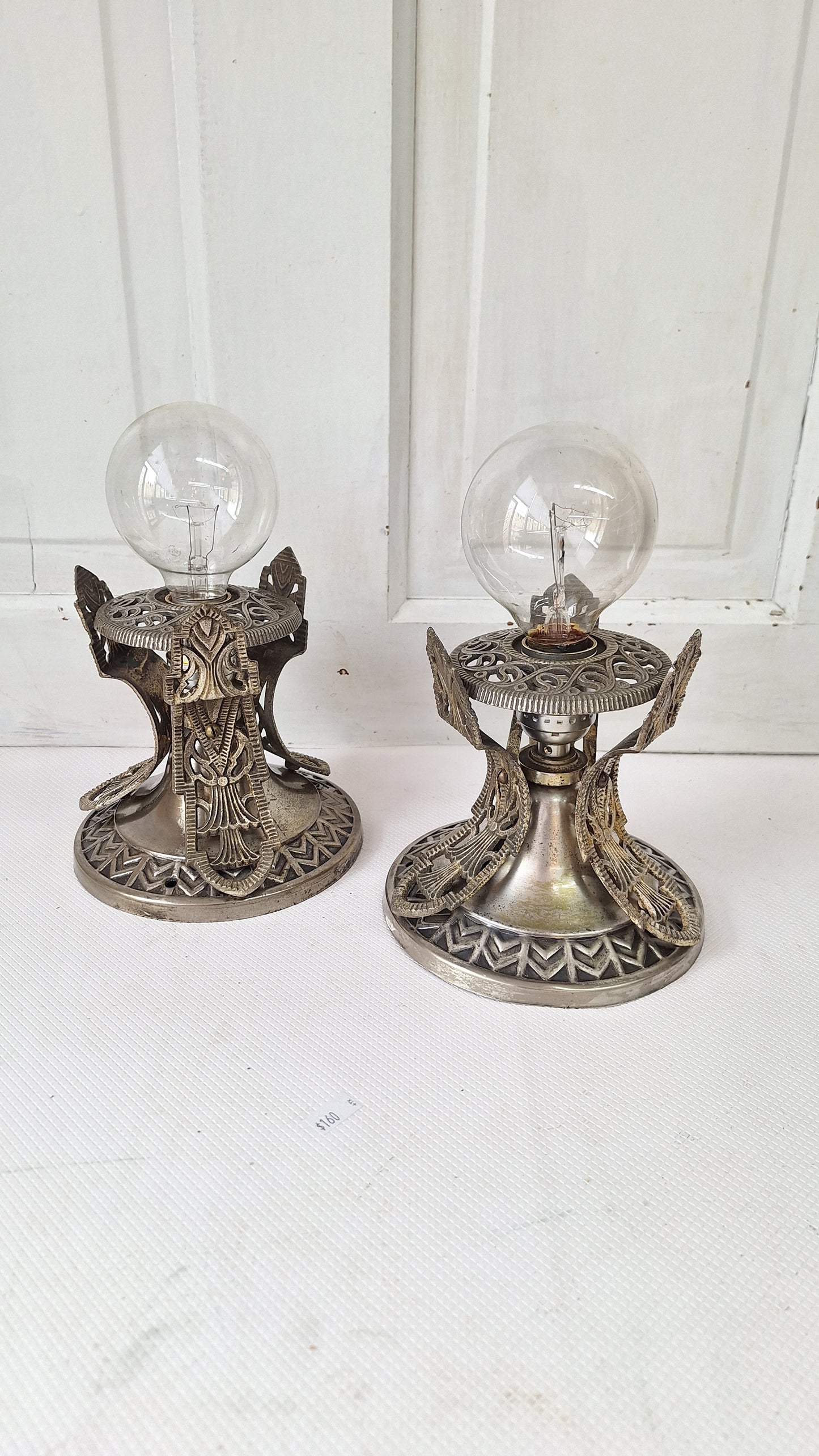 Two Vintage Art Deco Nickel Plated Theater Lights, Silver and Black Antique Small Ceiling Lights