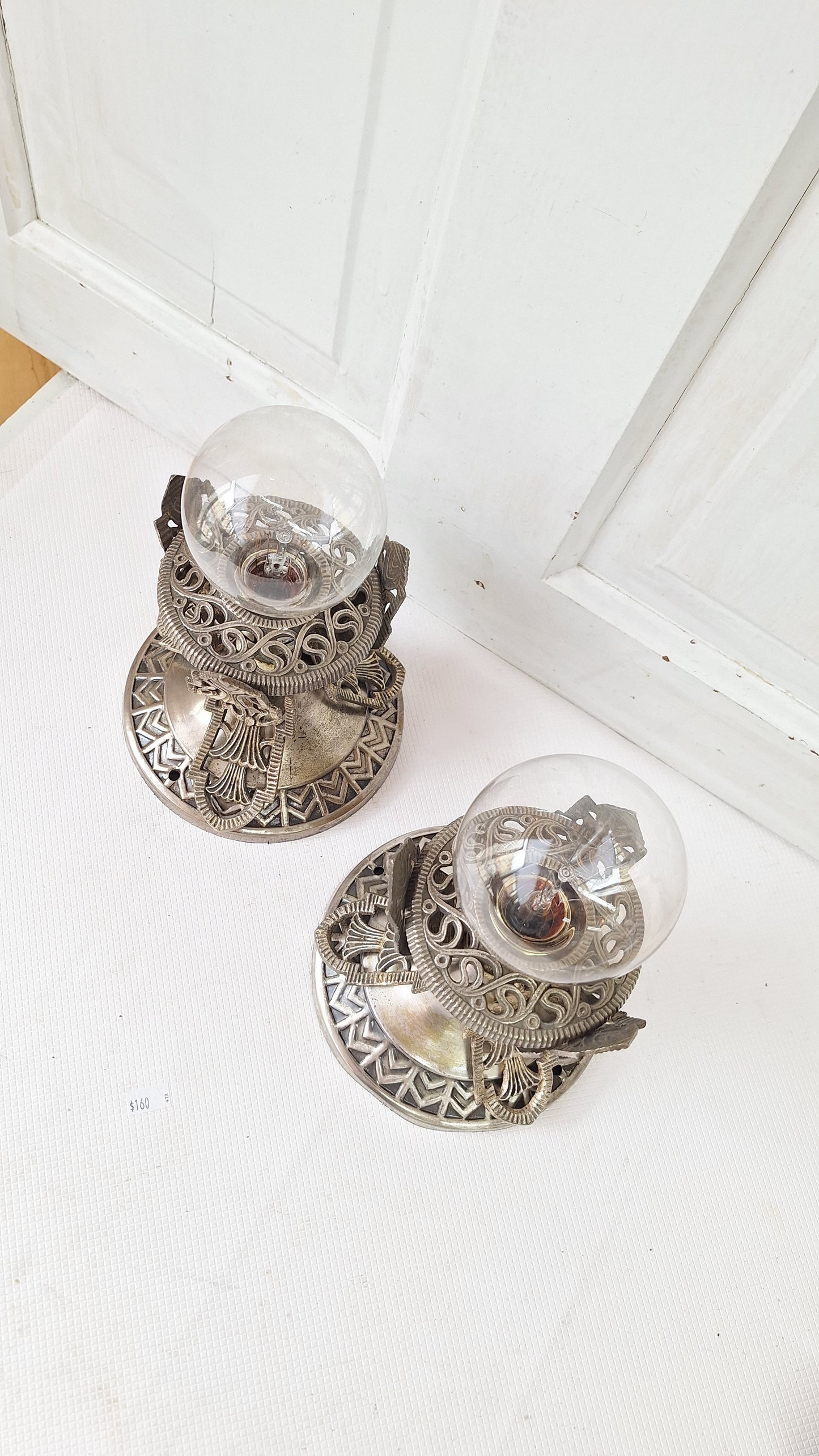 Two Vintage Art Deco Nickel Plated Theater Lights, Silver and Black Antique Small Ceiling Lights