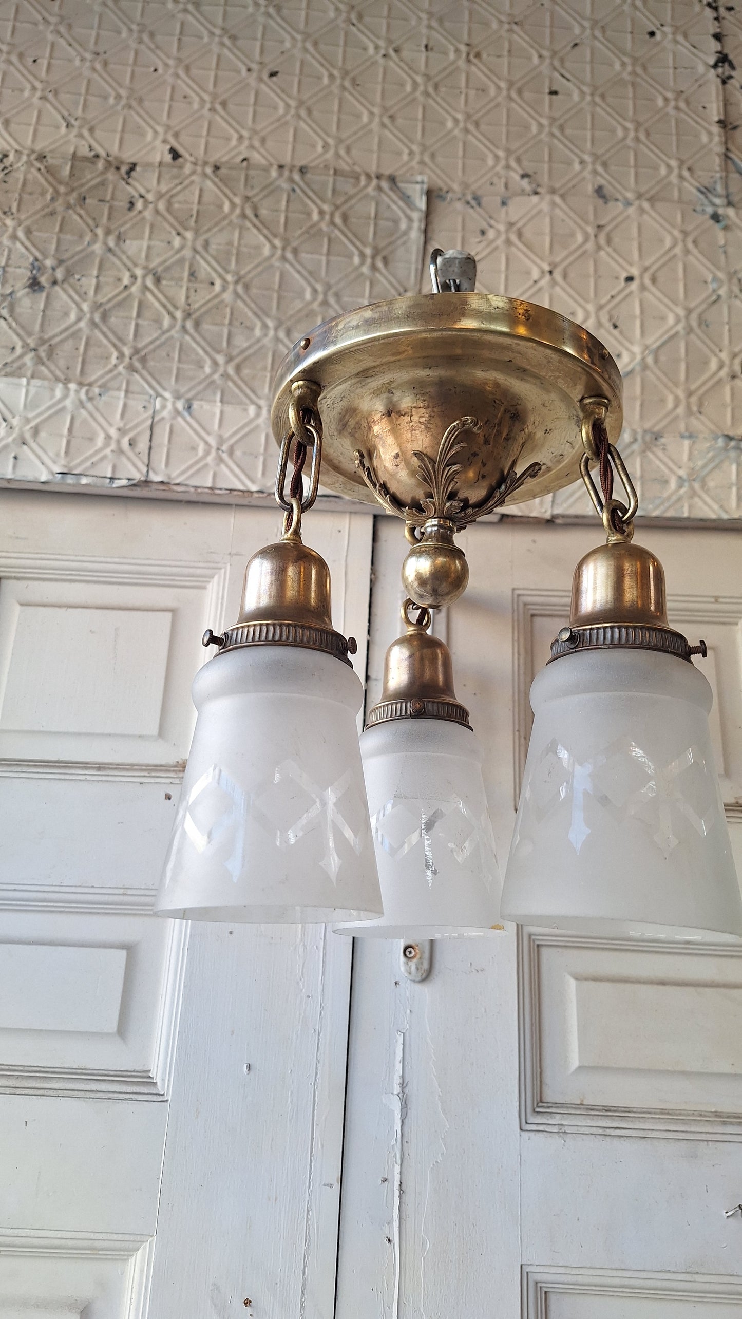 Antique Brass Pan Light with Etched Shades and Bronze Leaf Detailing, Antique Small Ceiling Light