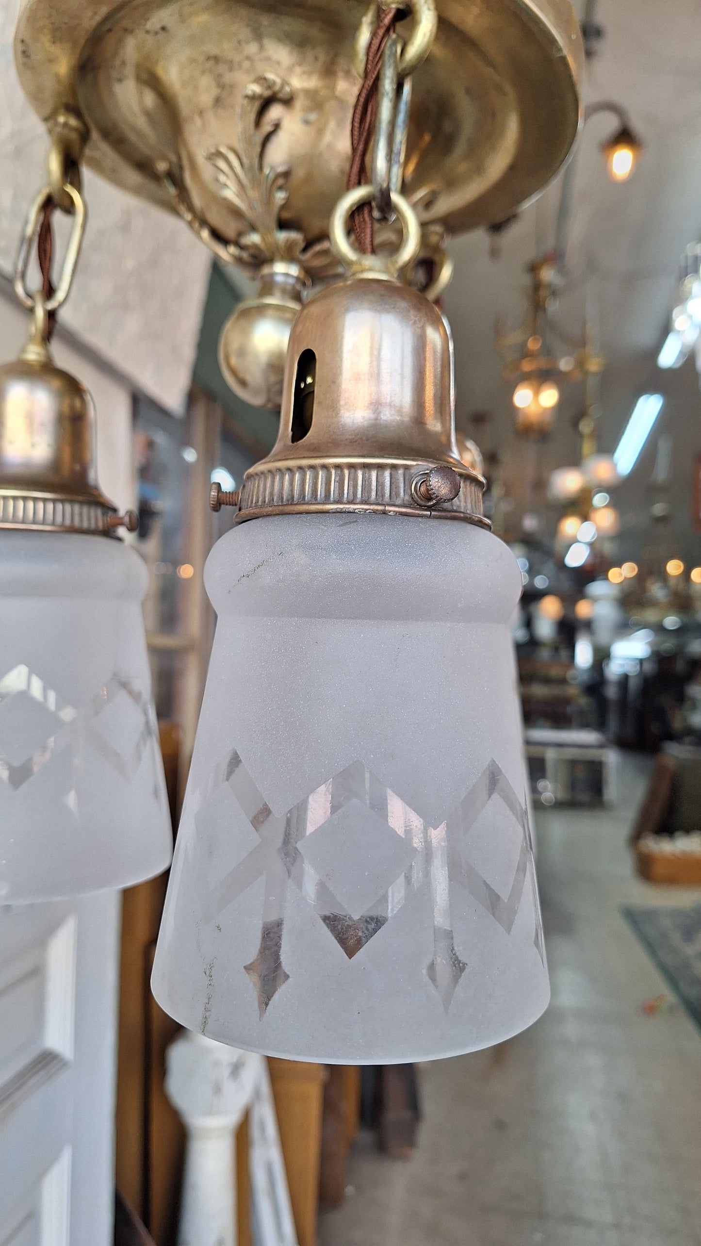 Antique Brass Pan Light with Etched Shades and Bronze Leaf Detailing, Antique Small Ceiling Light