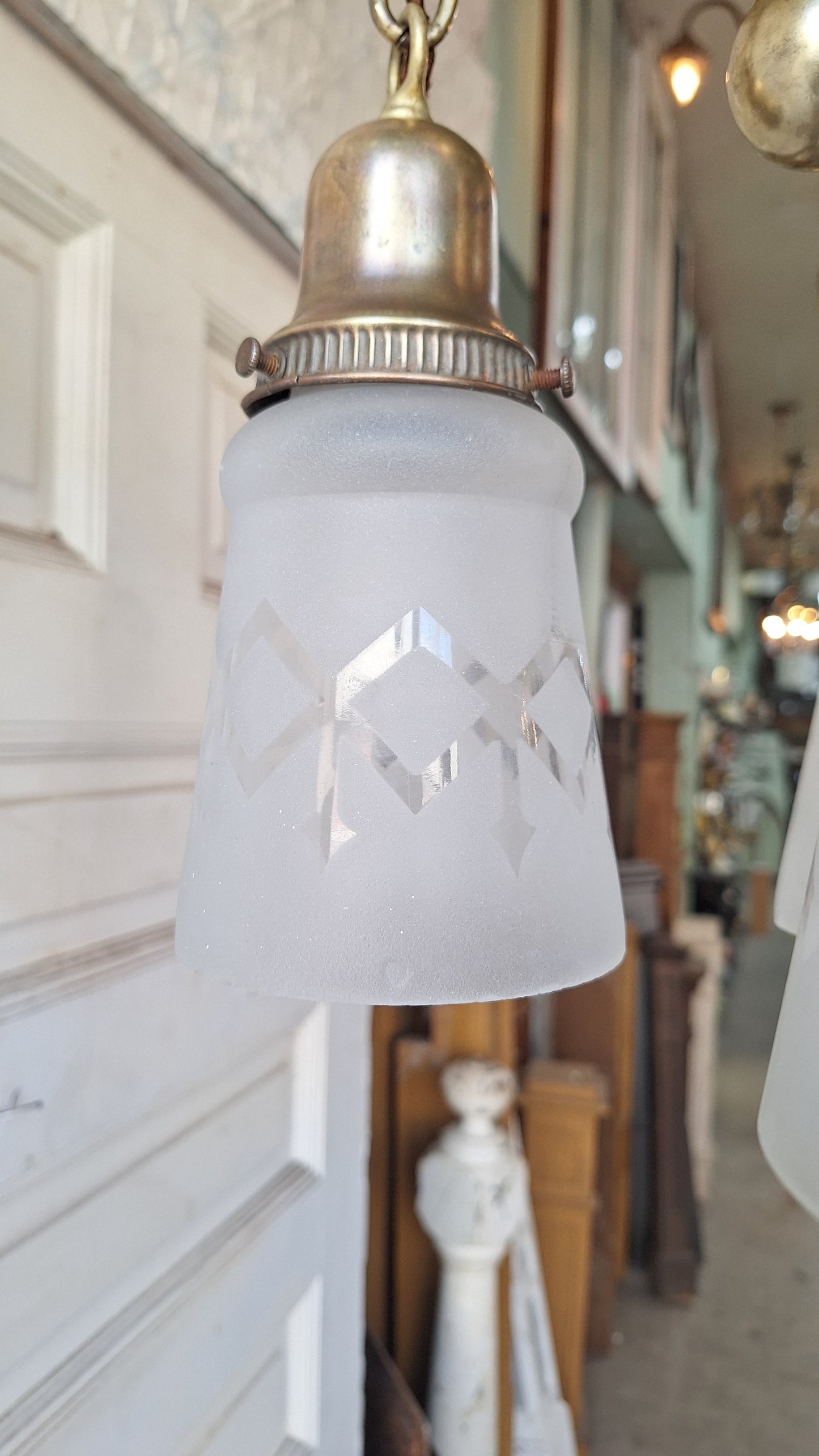 Antique Brass Pan Light with Etched Shades and Bronze Leaf Detailing, Antique Small Ceiling Light