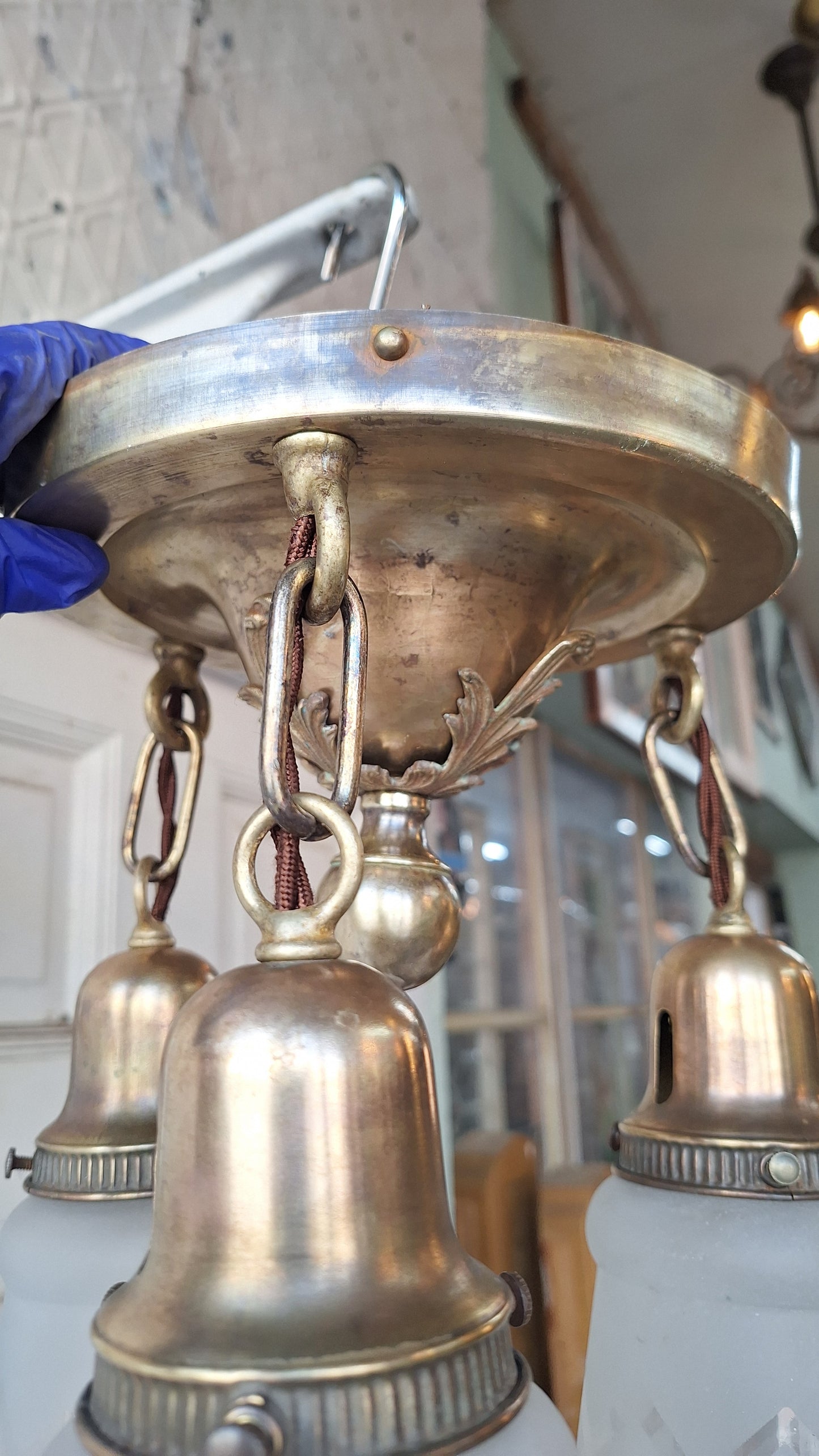 Antique Brass Pan Light with Etched Shades and Bronze Leaf Detailing, Antique Small Ceiling Light