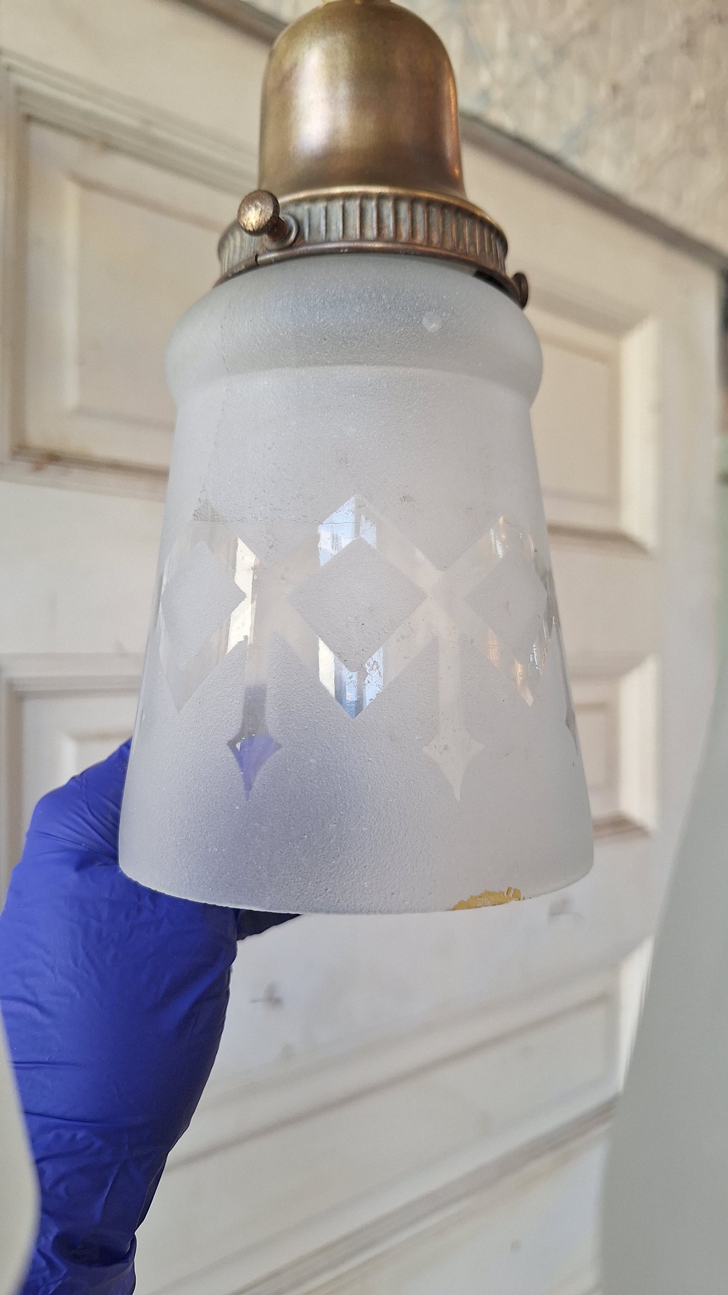 Antique Brass Pan Light with Etched Shades and Bronze Leaf Detailing, Antique Small Ceiling Light
