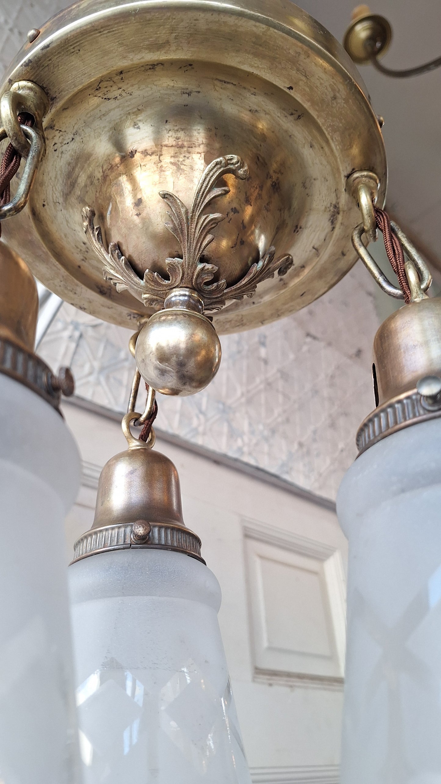 Antique Brass Pan Light with Etched Shades and Bronze Leaf Detailing, Antique Small Ceiling Light
