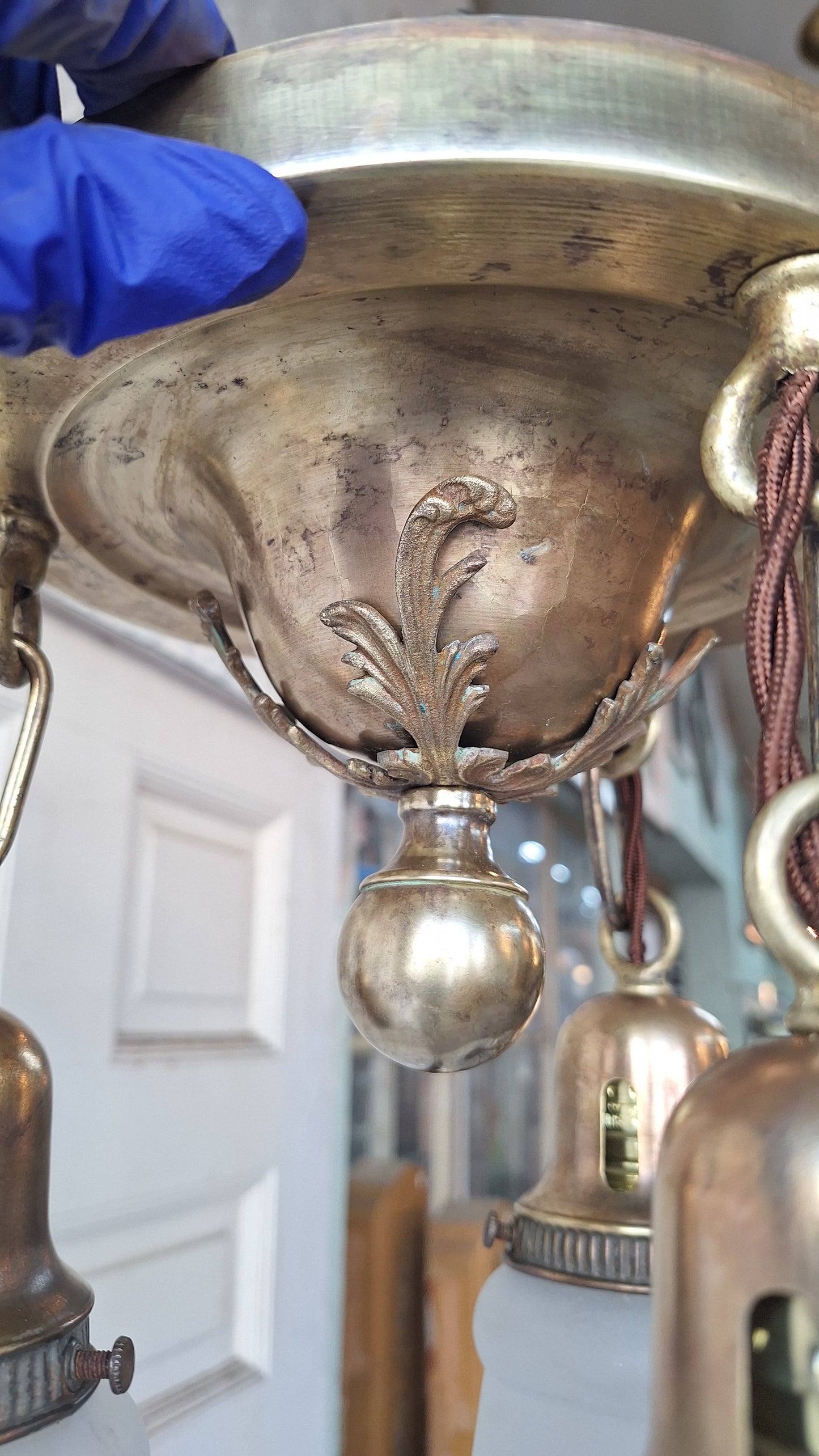 Antique Brass Pan Light with Etched Shades and Bronze Leaf Detailing, Antique Small Ceiling Light