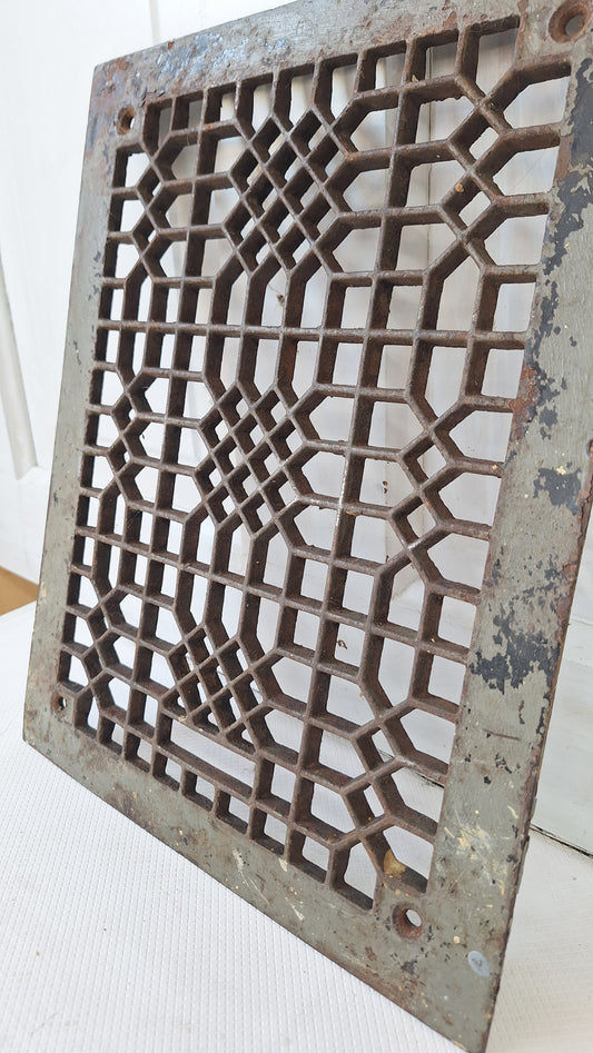 14 x 11 Antique Iron Lattice Pattern Vent Cover, Salvaged Cast Iron Floor Vent Grate