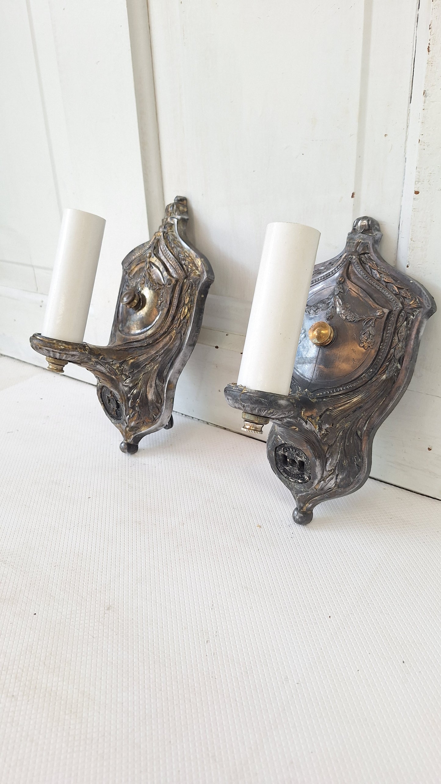 Pair Of Bronze Plated Antique Sconces, Victorian Style Matching Wall Lights