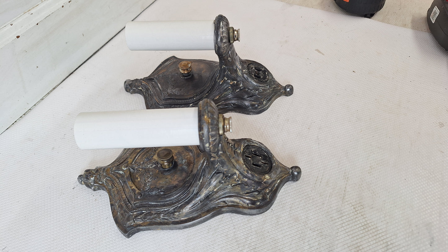 Pair Of Bronze Plated Antique Sconces, Victorian Style Matching Wall Lights