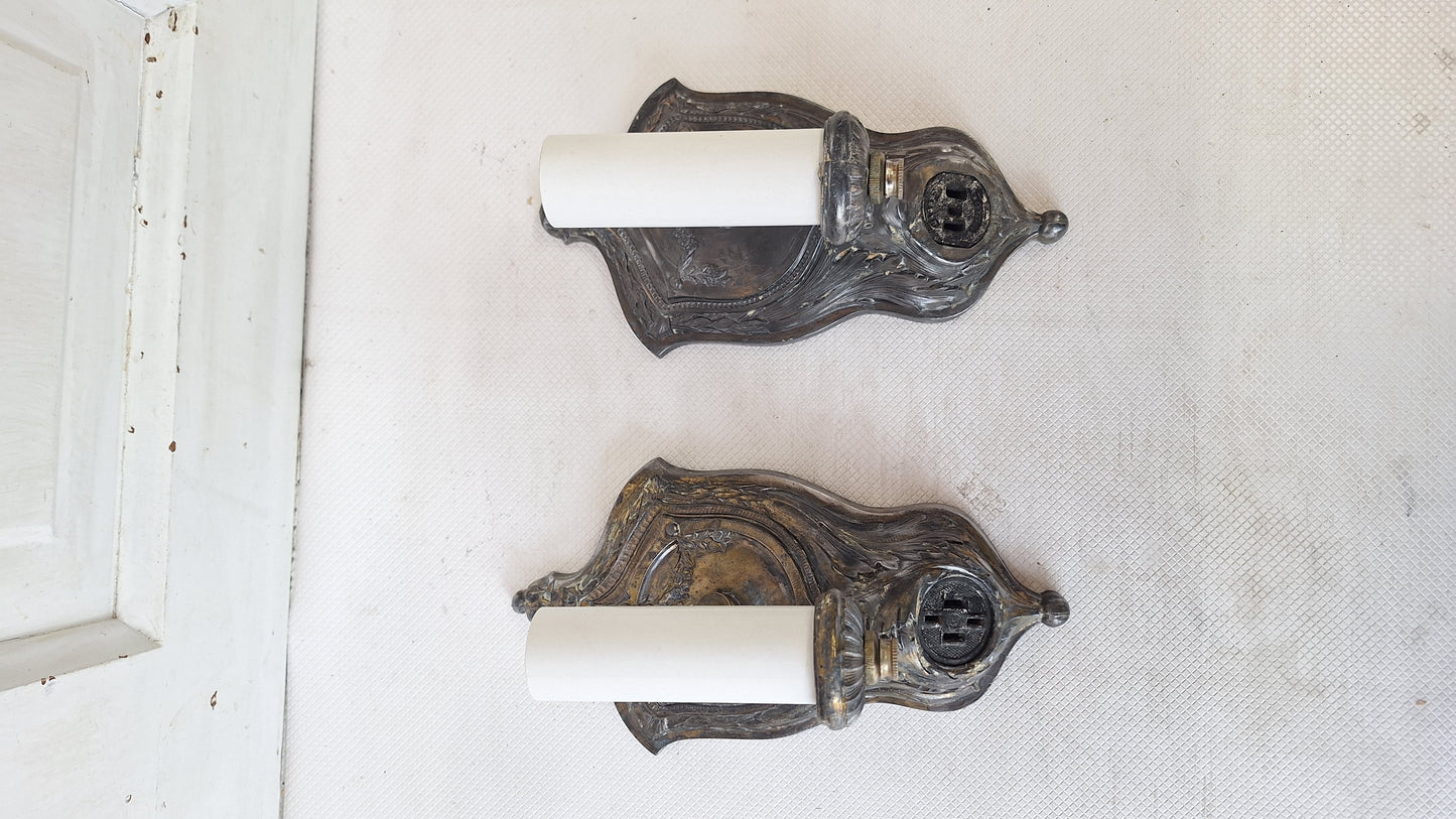 Pair Of Bronze Plated Antique Sconces, Victorian Style Matching Wall Lights