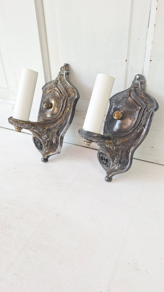 Pair Of Bronze Plated Antique Sconces, Victorian Style Matching Wall Lights