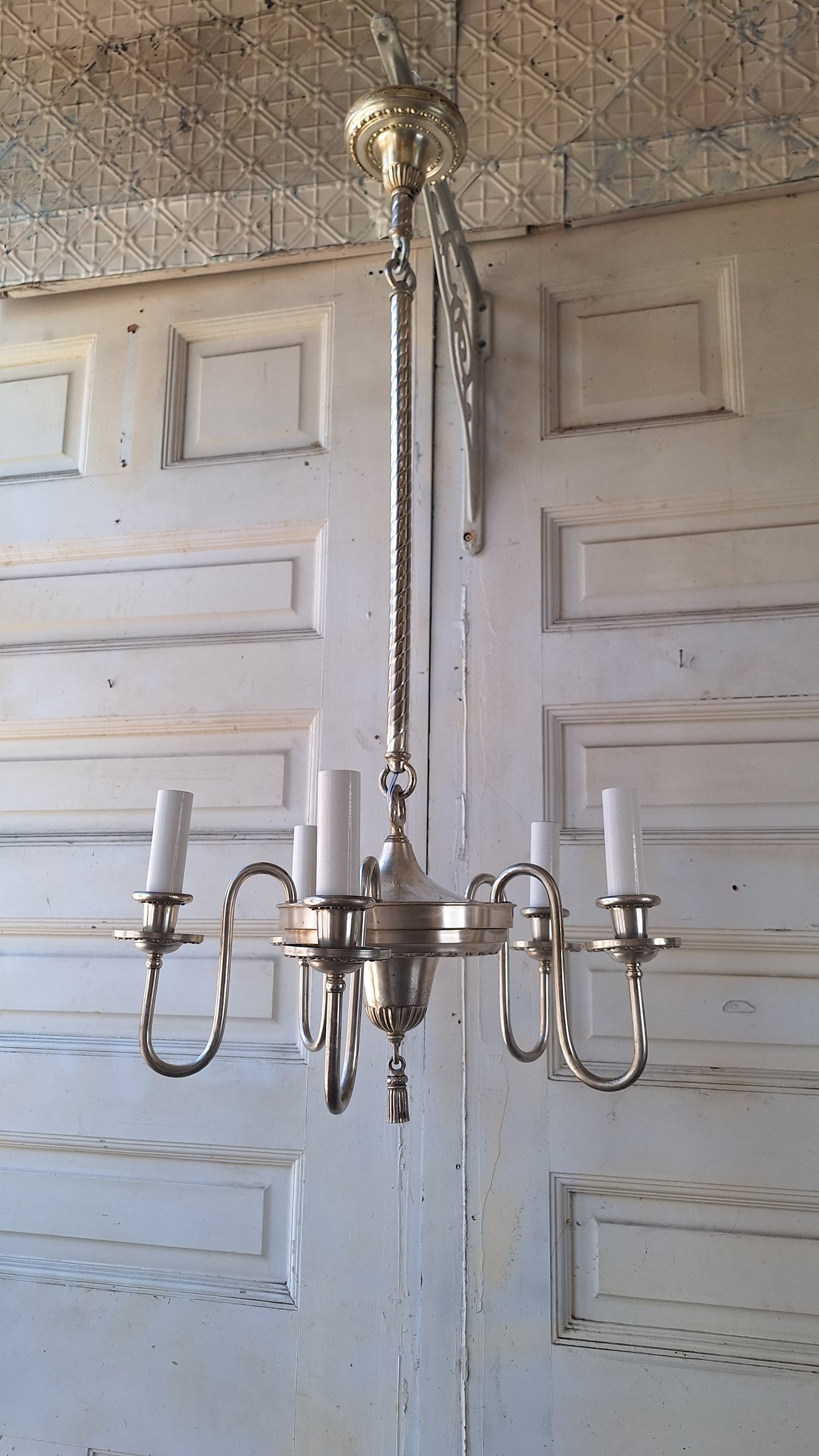 Antique Silver Plated Five Arm Chandelier: Candle Bulb Style, Architectural Salvage