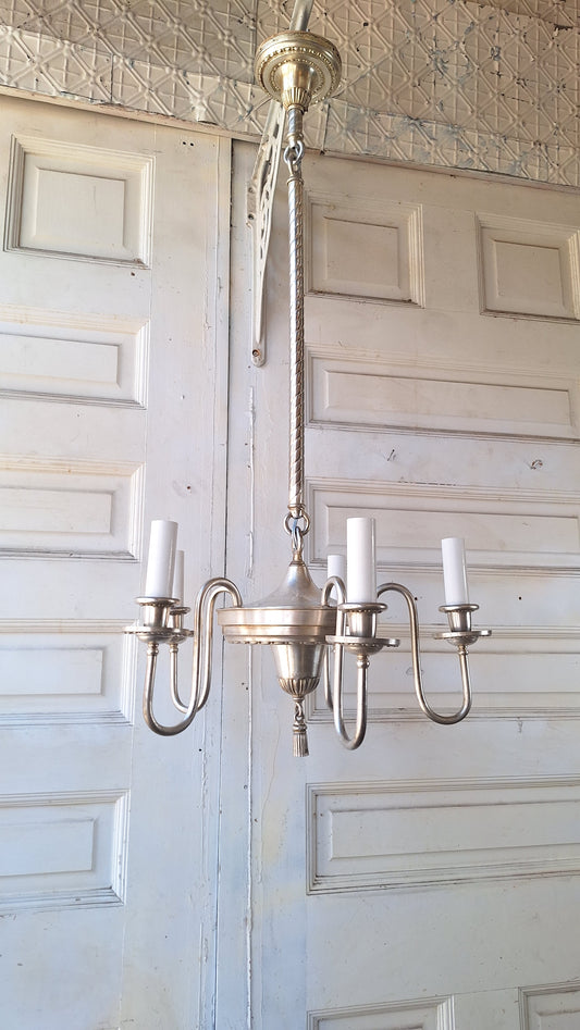 Antique Silver Plated Five Arm Chandelier: Candle Bulb Style, Architectural Salvage