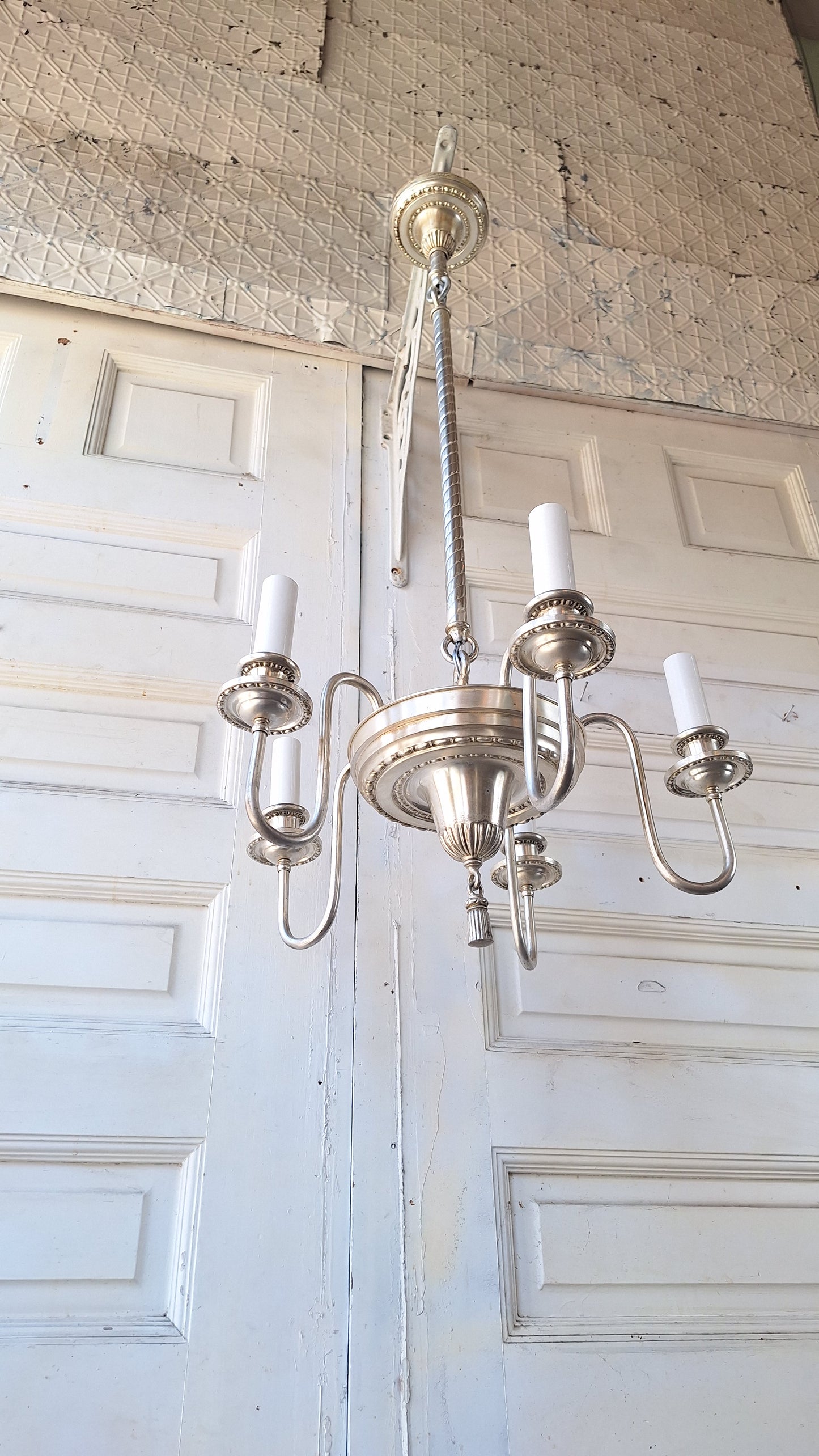 Antique Silver Plated Five Arm Chandelier: Candle Bulb Style, Architectural Salvage