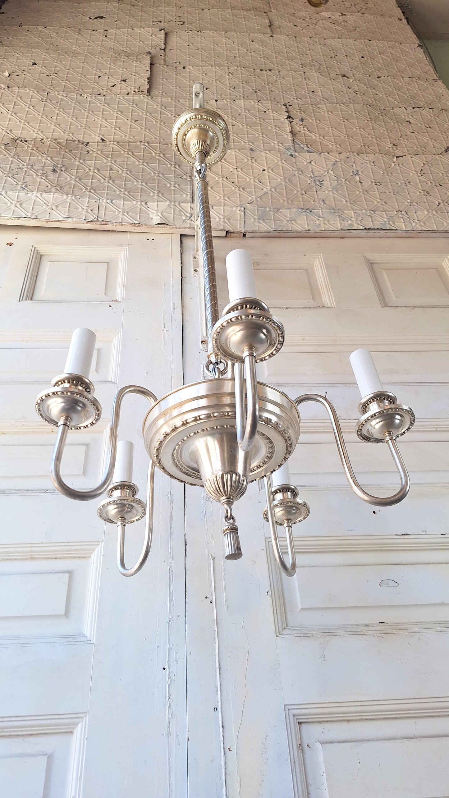 Antique Silver Plated Five Arm Chandelier: Candle Bulb Style, Architectural Salvage
