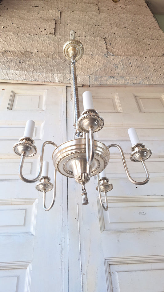 Antique Silver Plated Five Arm Chandelier: Candle Bulb Style, Architectural Salvage