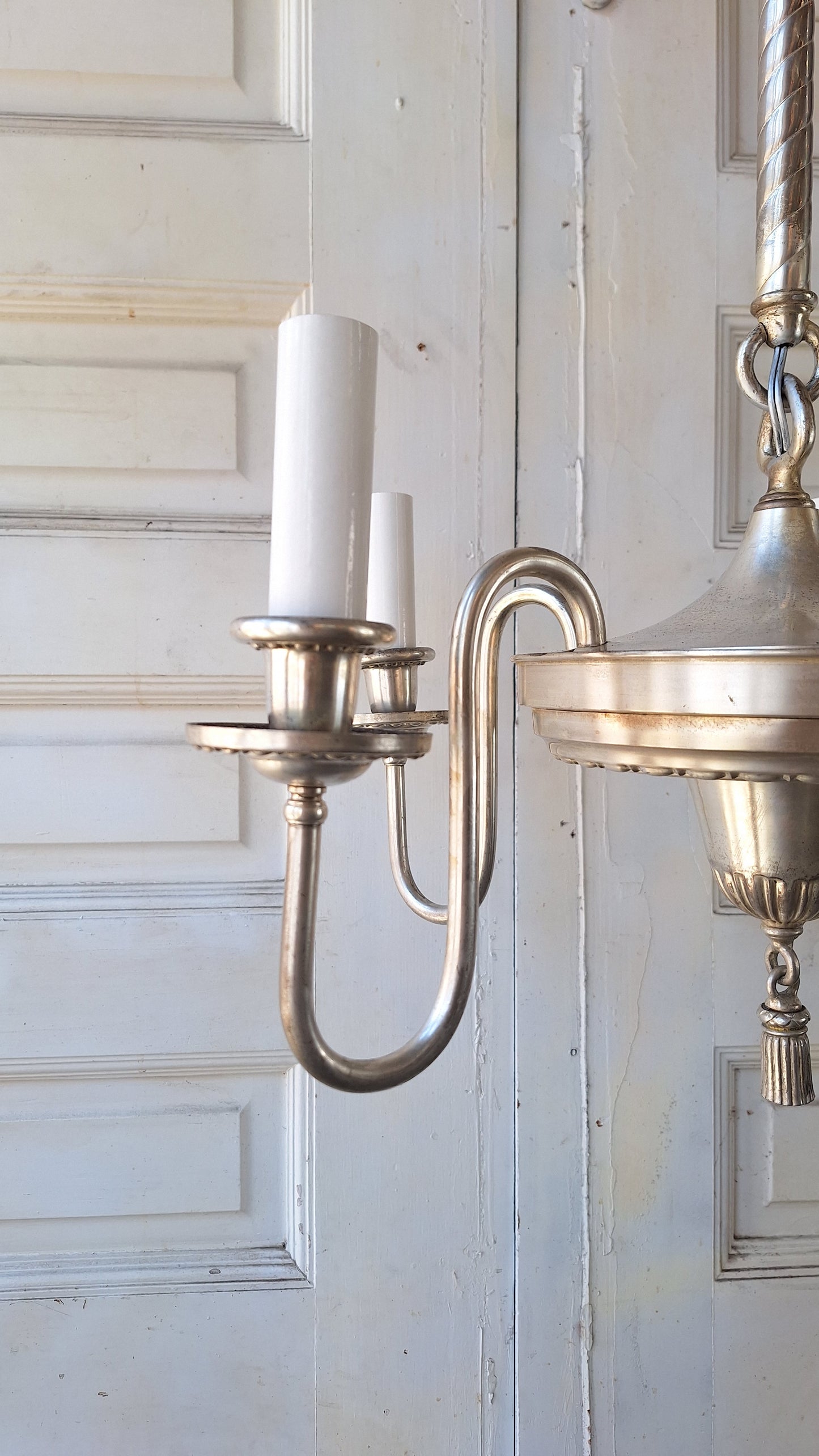 Antique Silver Plated Five Arm Chandelier: Candle Bulb Style, Architectural Salvage