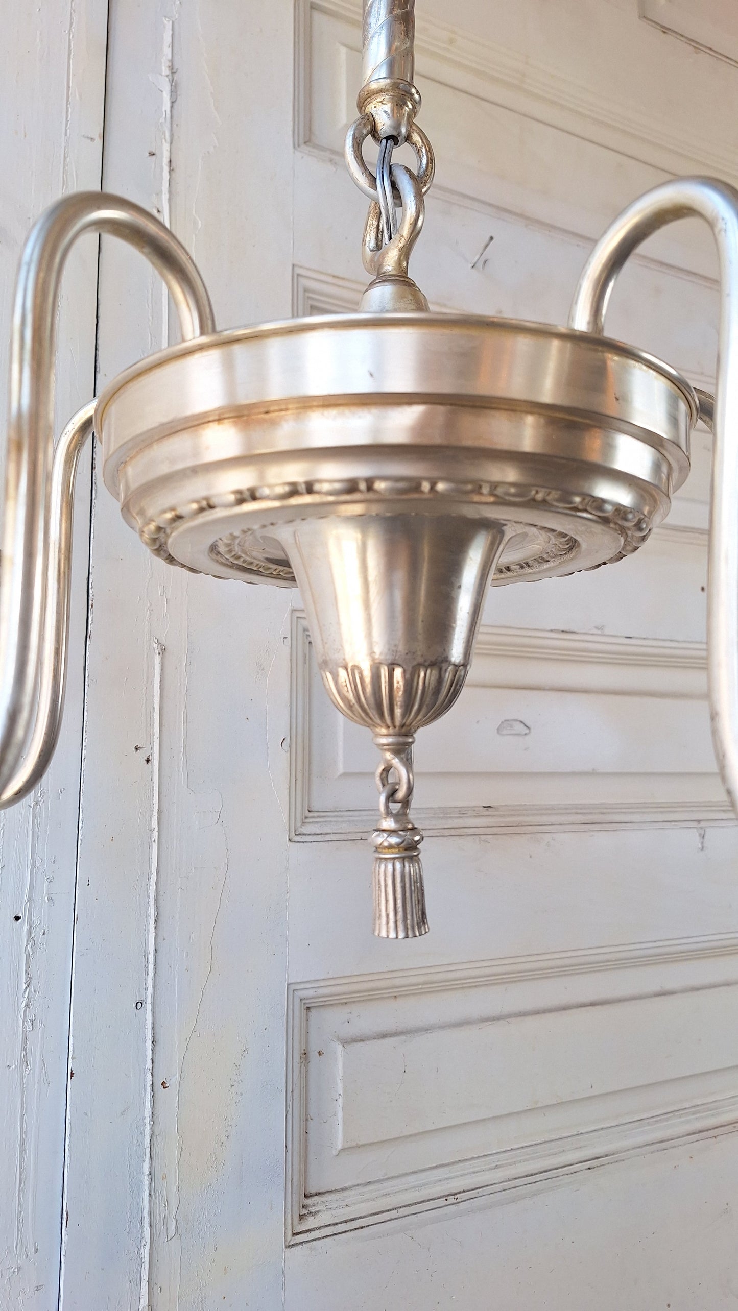 Antique Silver Plated Five Arm Chandelier: Candle Bulb Style, Architectural Salvage