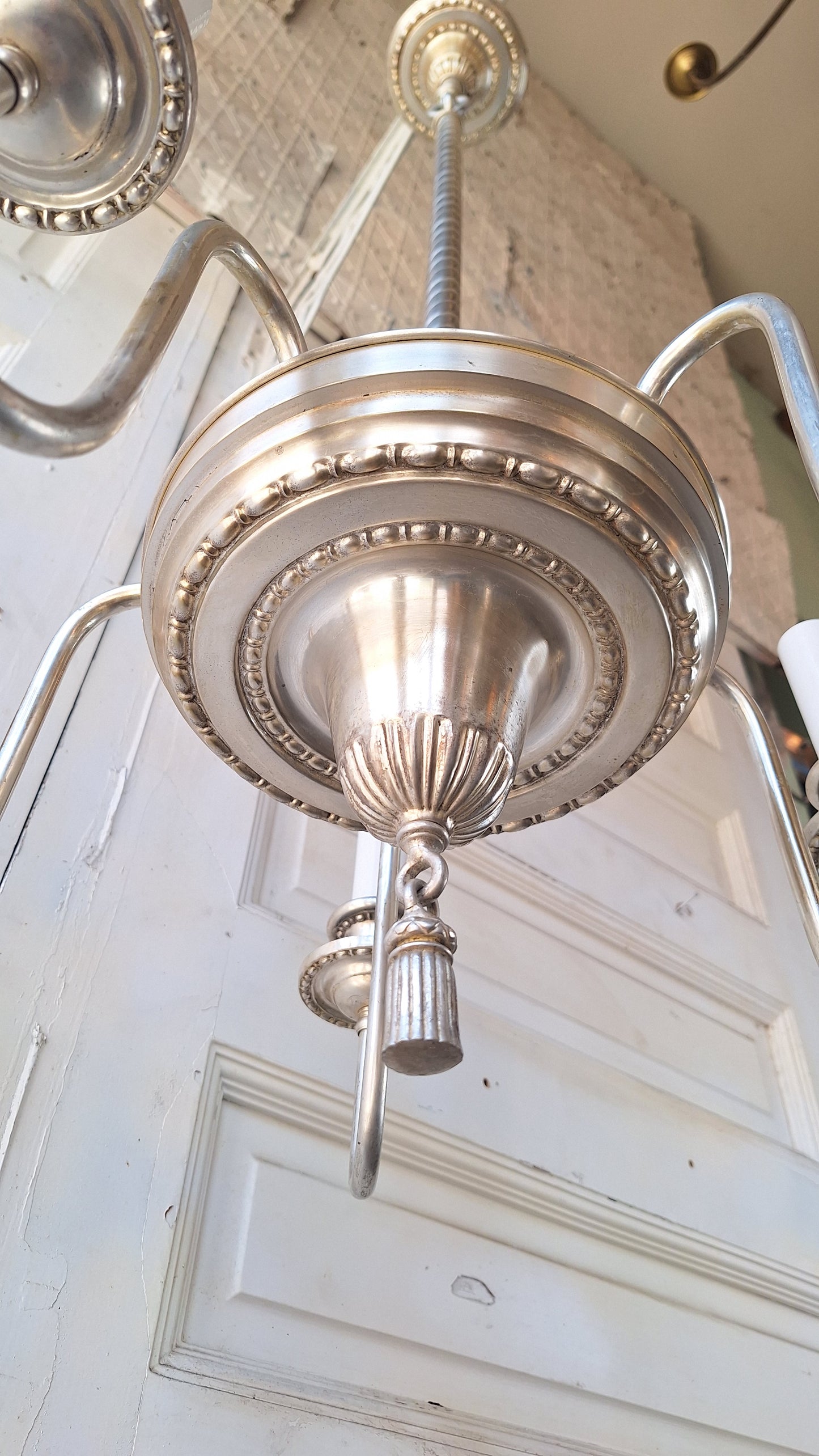 Antique Silver Plated Five Arm Chandelier: Candle Bulb Style, Architectural Salvage