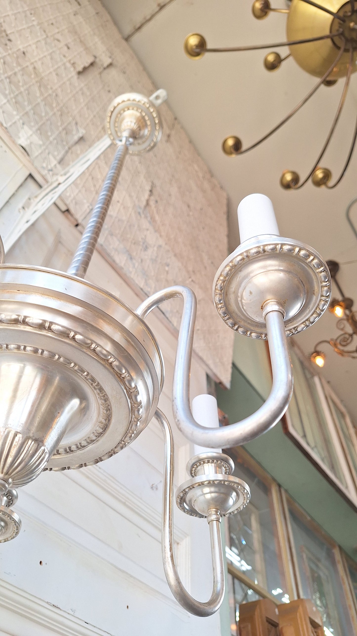 Antique Silver Plated Five Arm Chandelier: Candle Bulb Style, Architectural Salvage