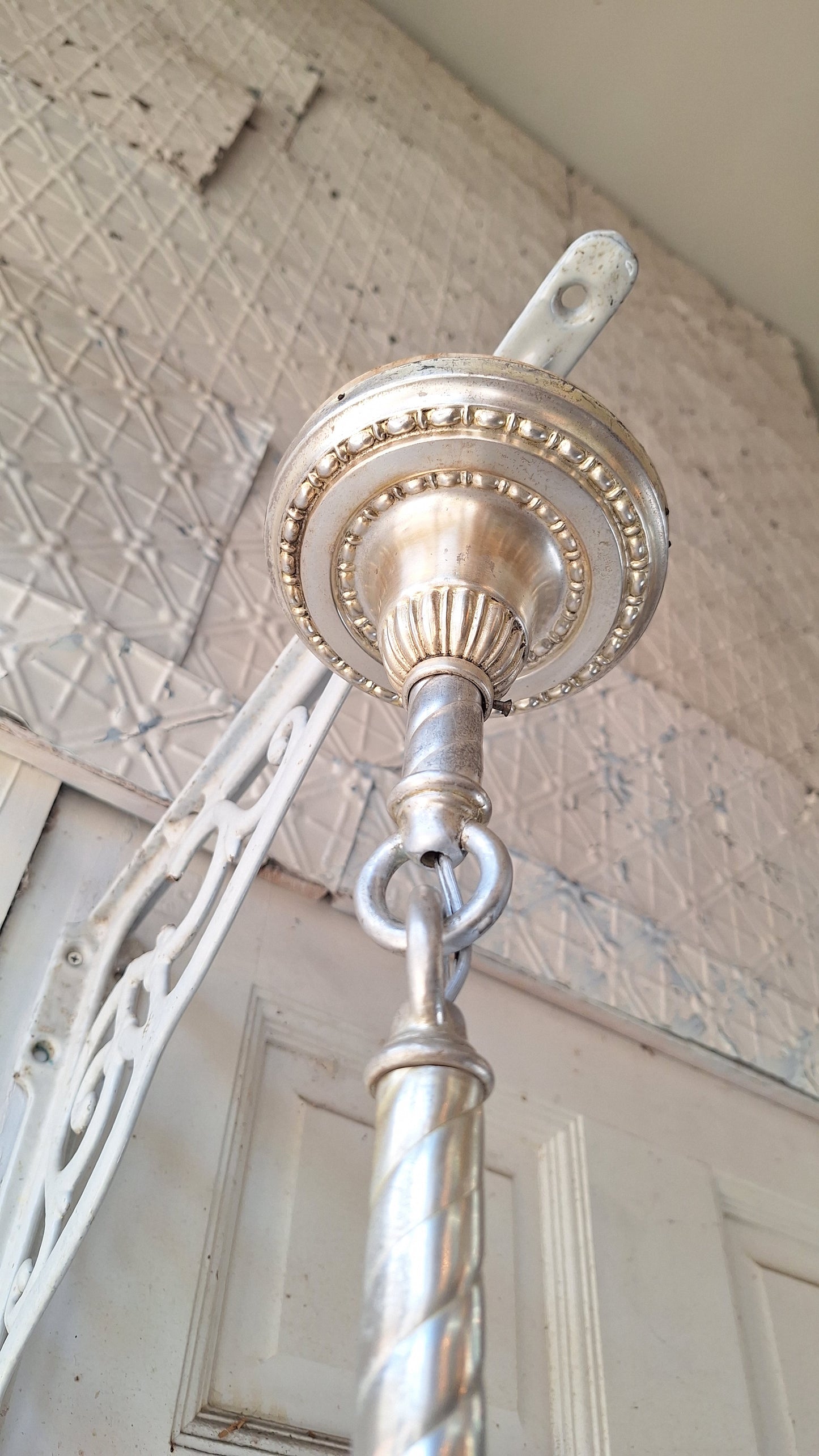 Antique Silver Plated Five Arm Chandelier: Candle Bulb Style, Architectural Salvage