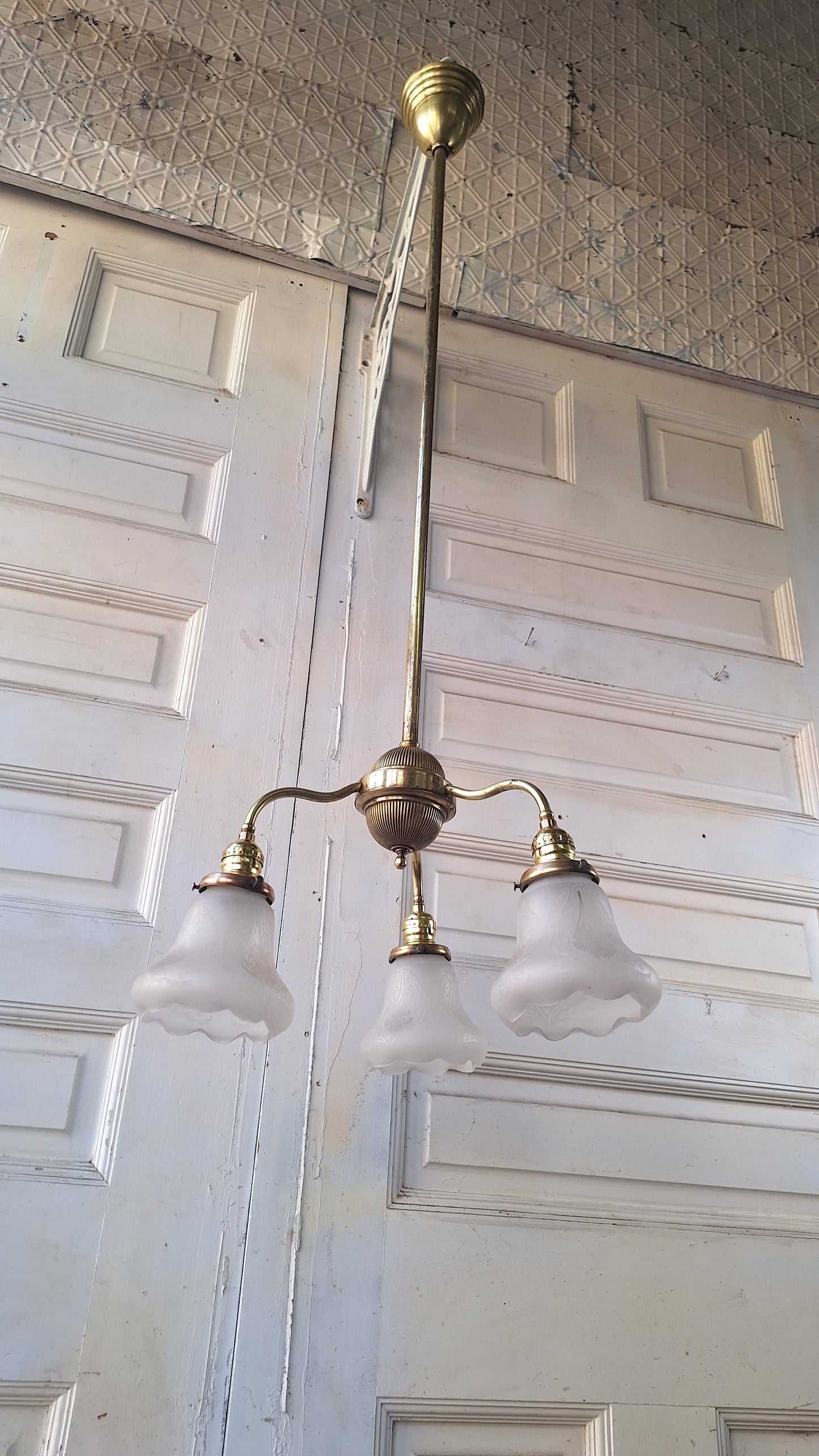 48" Antique Chandelier with Ruffled Etched Glass Shades, Tall Vintage Brass Chandelier Light