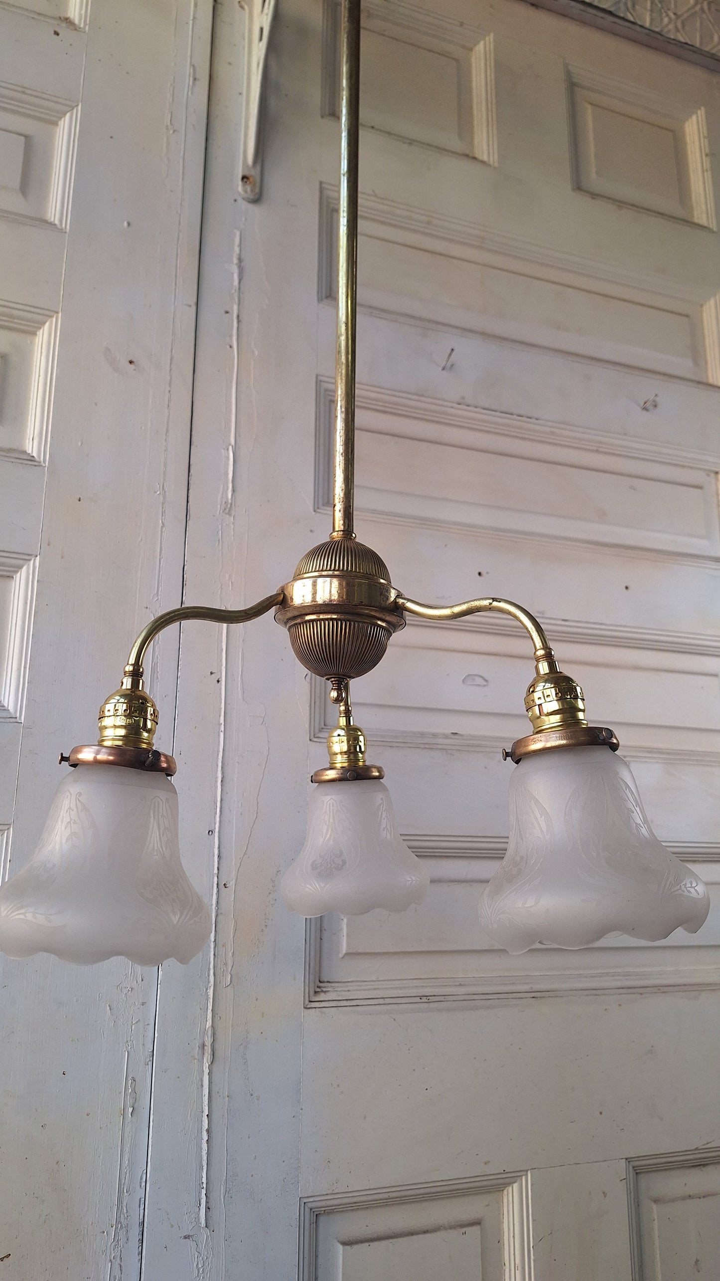 48" Antique Chandelier with Ruffled Etched Glass Shades, Tall Vintage Brass Chandelier Light